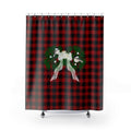 Holiday Buffalo Plaid Shower Curtain with Wreath & Chickadee Accent