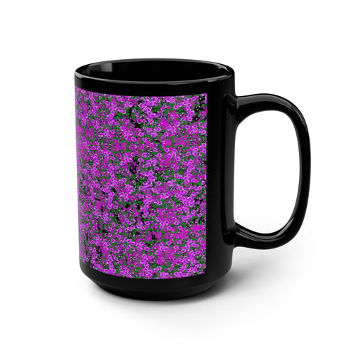 15oz Black Mug — Vibrant Purple Floral Pattern Coffee Cup