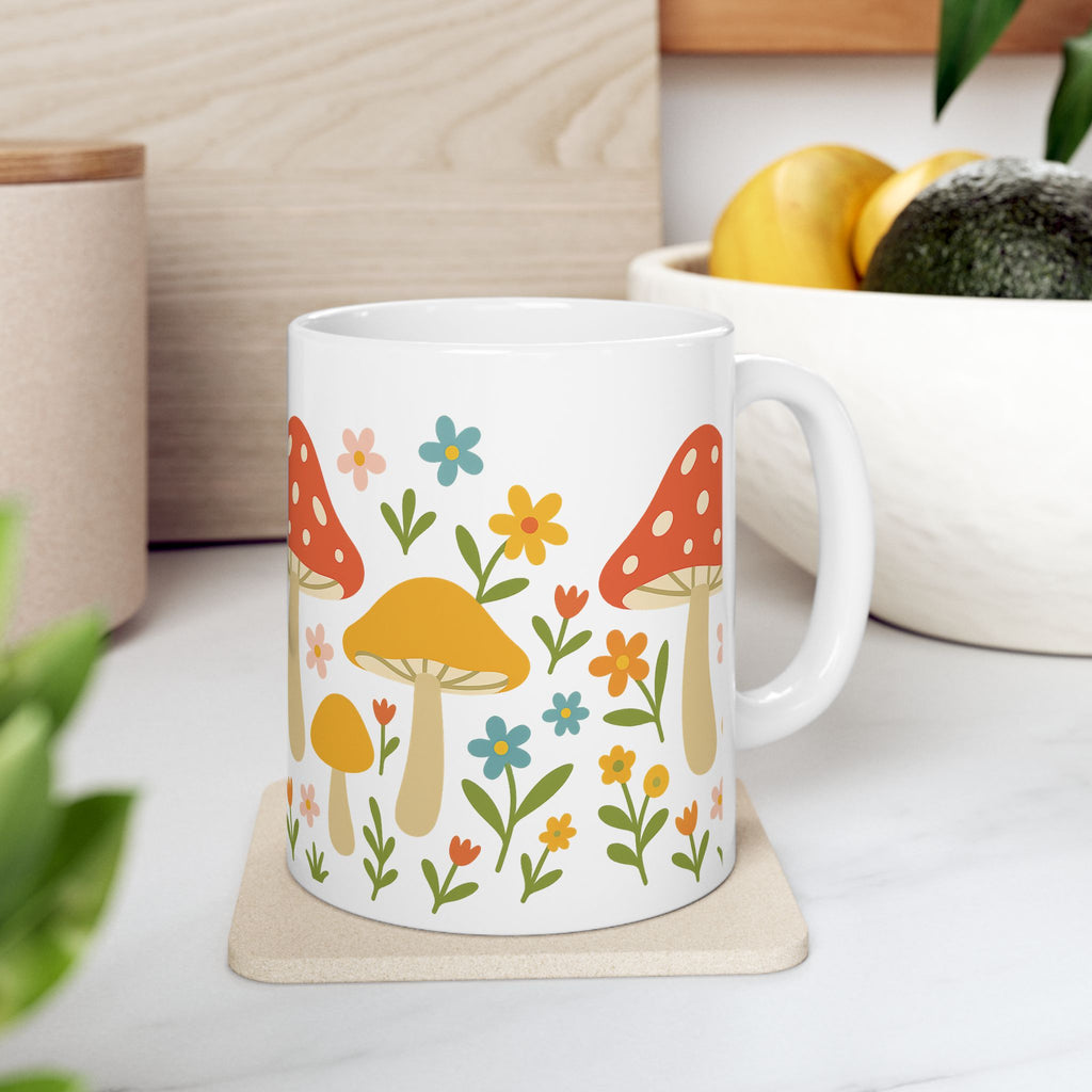 Mushroom Floral Ceramic Mug — Cute Garden Coffee Cup (11oz)
