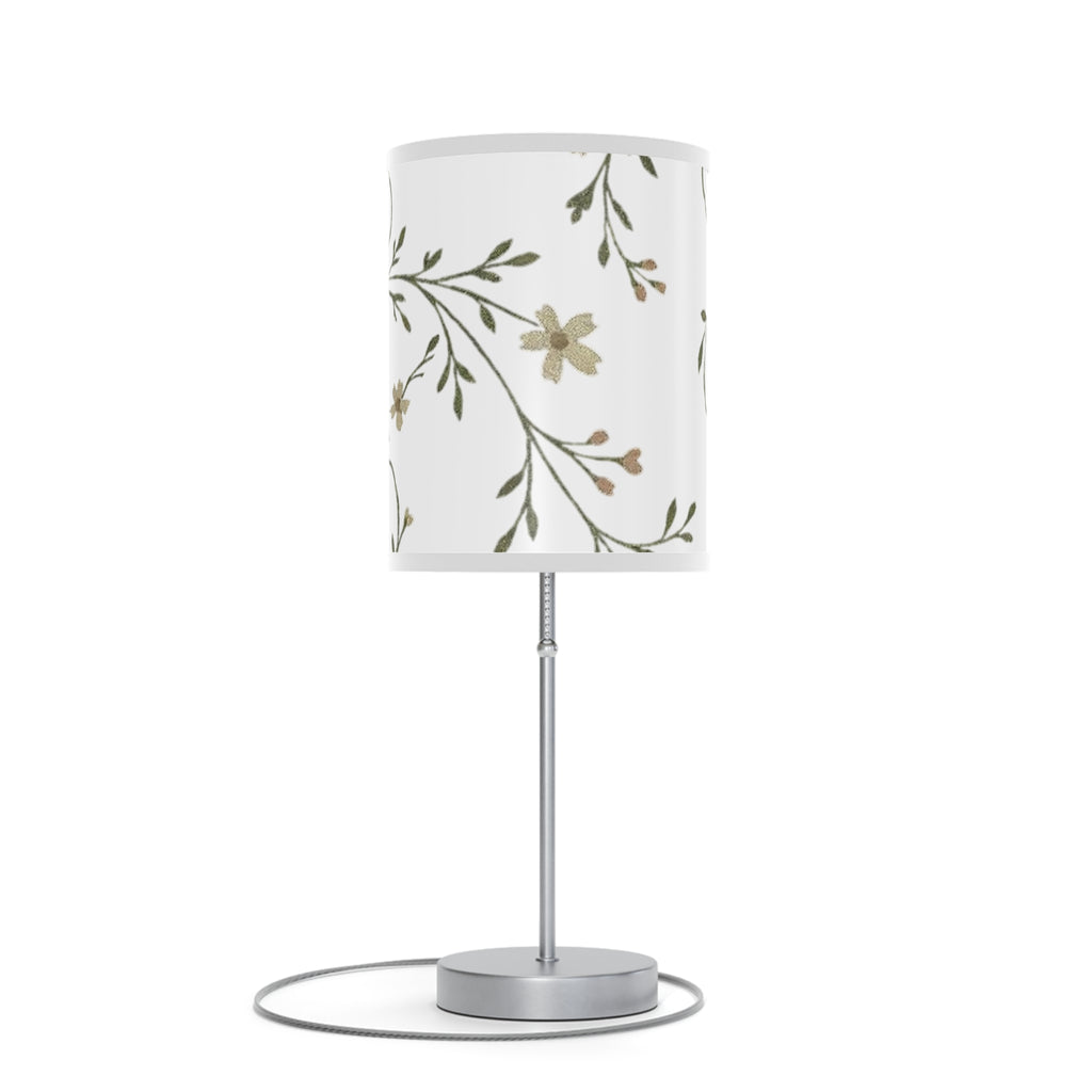 Floral Night Table Lamp – Black Botanical Print Lamp with Silver Stand (US/CA Plug)