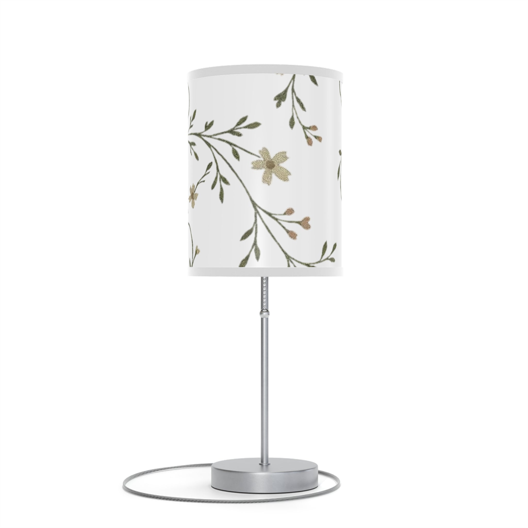 Floral Night Table Lamp – Black Botanical Print Lamp with Silver Stand (US/CA Plug)