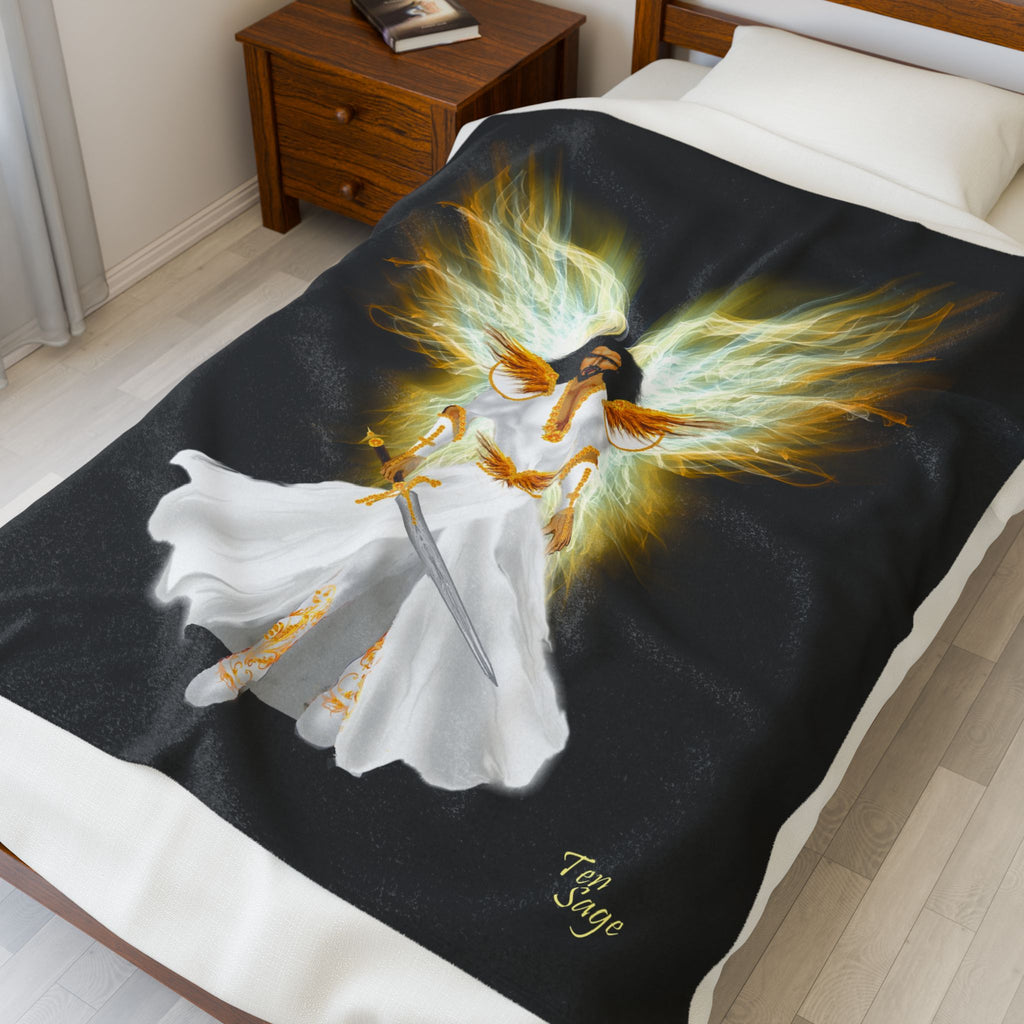Angel Warrior Velveteen Plush Blanket — Golden Guardian with Sword