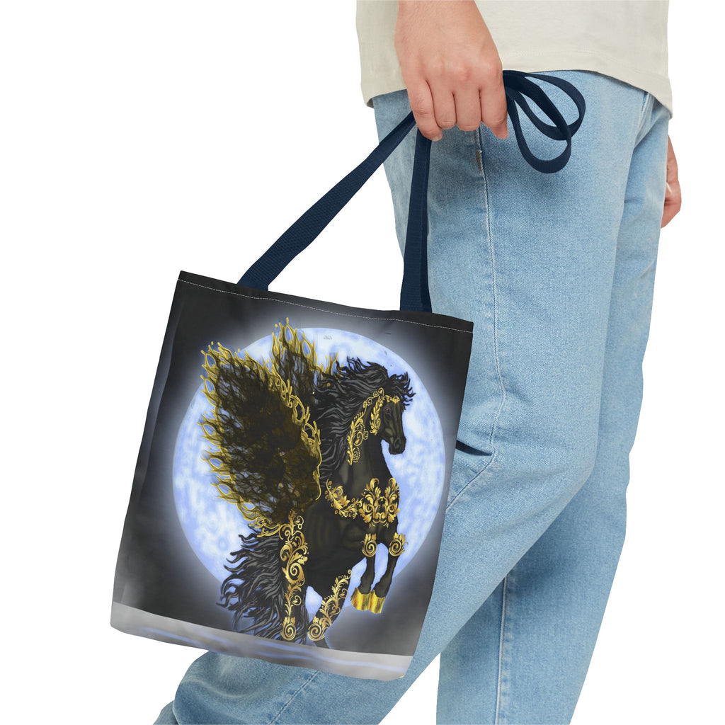 Moonlit Golden Pegasus Tote Bag — Black Winged Horse Art Tote