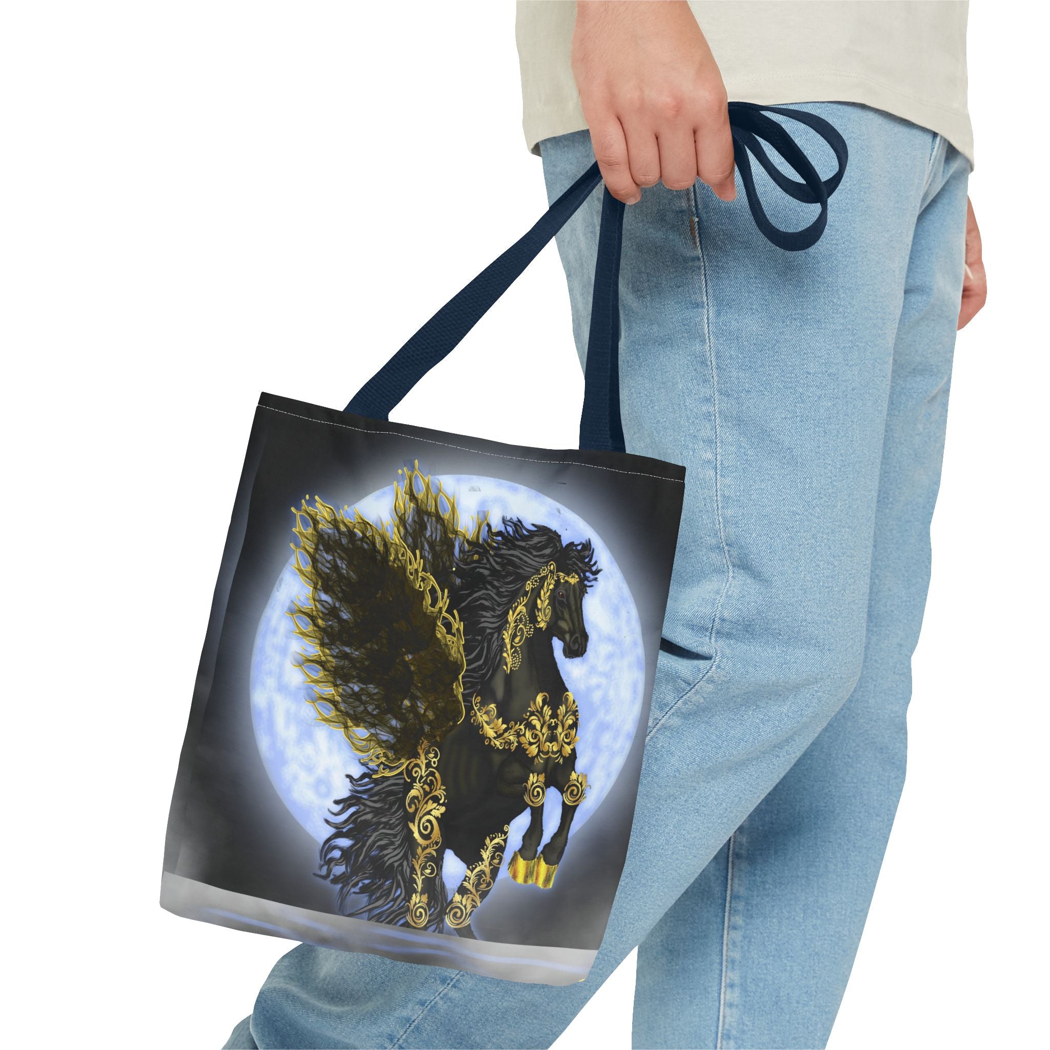 Moonlit Golden Pegasus Tote Bag — Black Winged Horse Art Tote