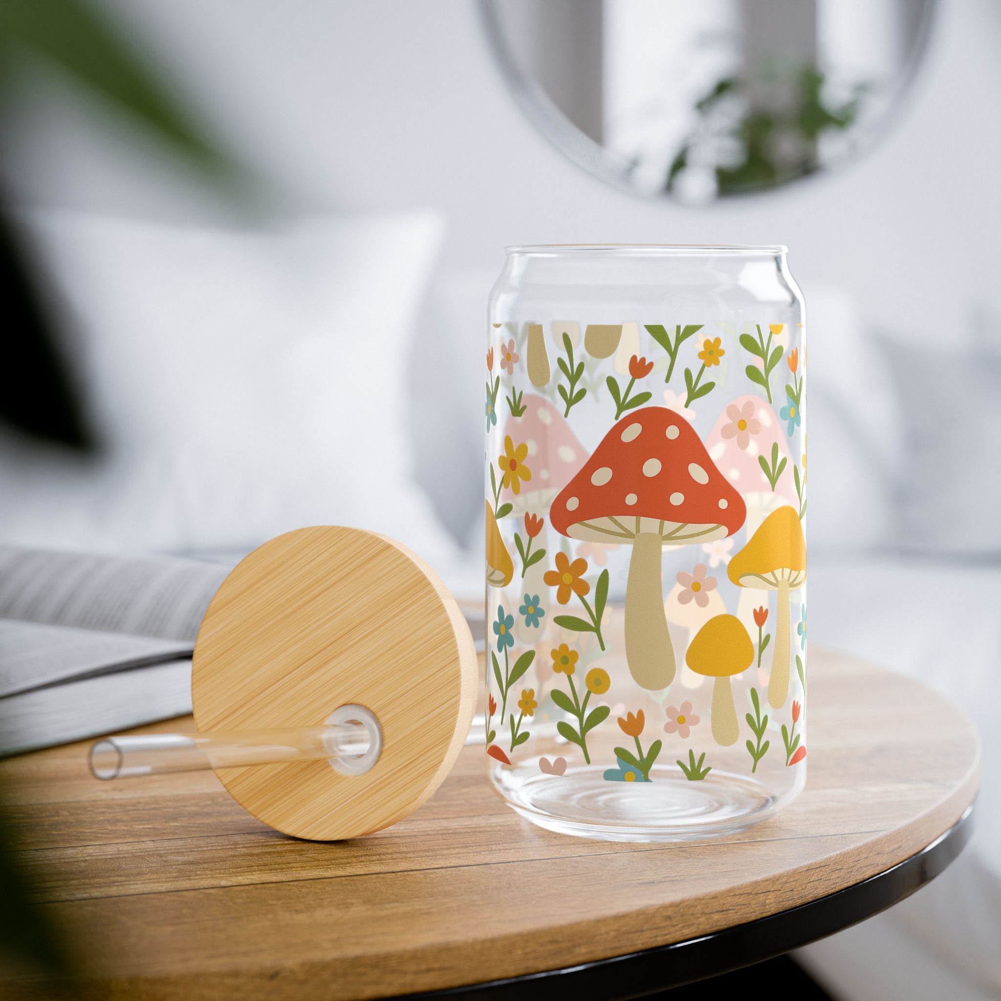 Mushroom Meadow 16oz Glass Sipper — Floral Drink Jar with Bamboo Lid & Straw