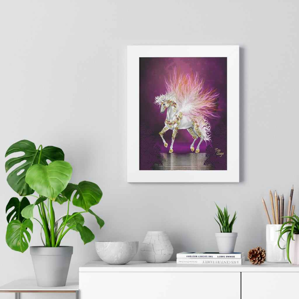 Framed Unicorn Art Print — Magical White Horse Poster with Pink Plumage