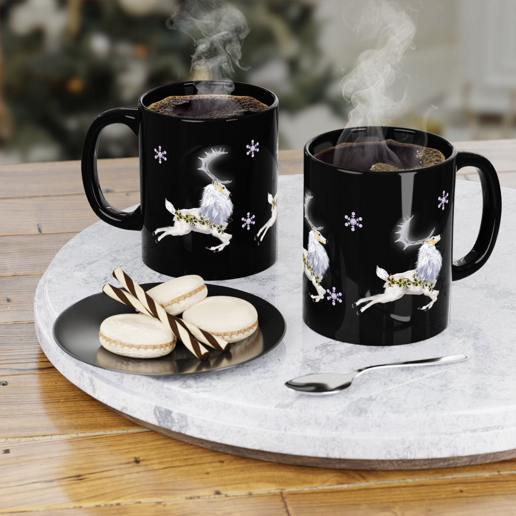 Holiday Reindeer Coffee Mug — Black 11oz with Snowflakes