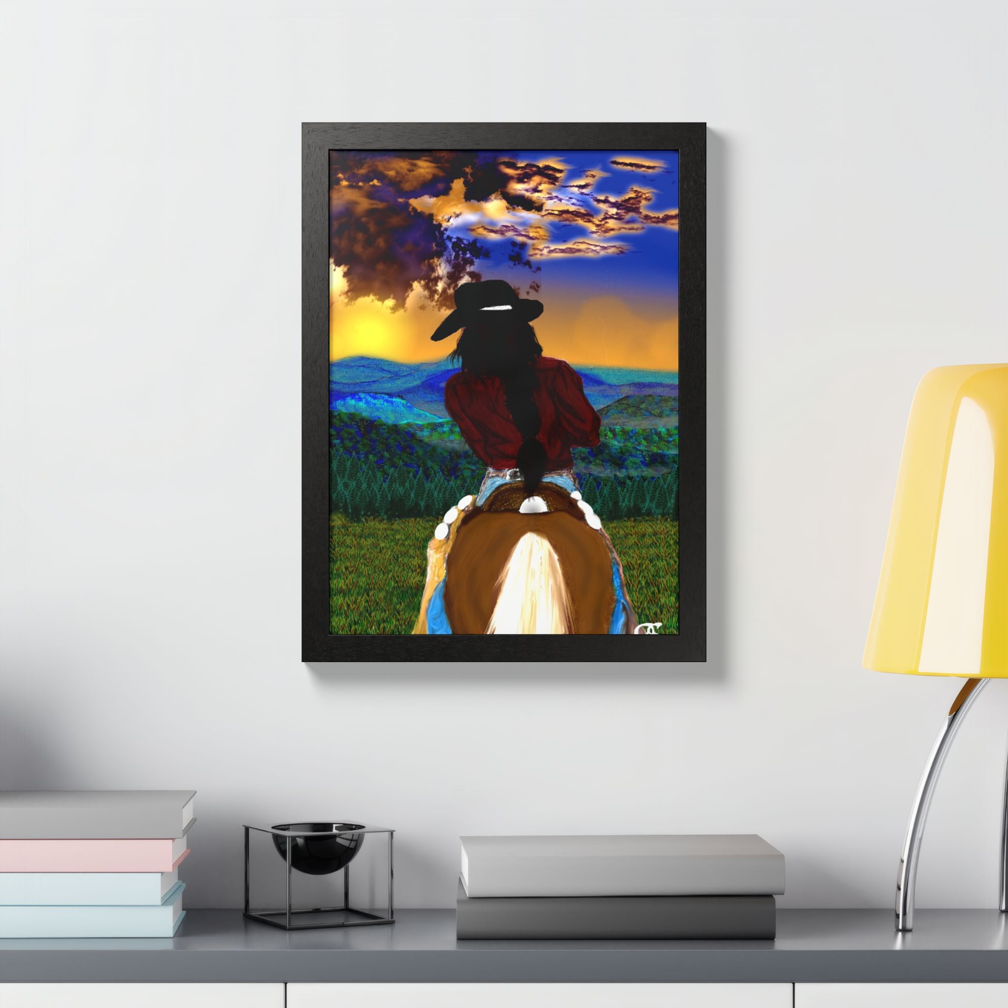 Cowgirl Riding At Sunset Framed Poster – Rider on Horseback Wall Art