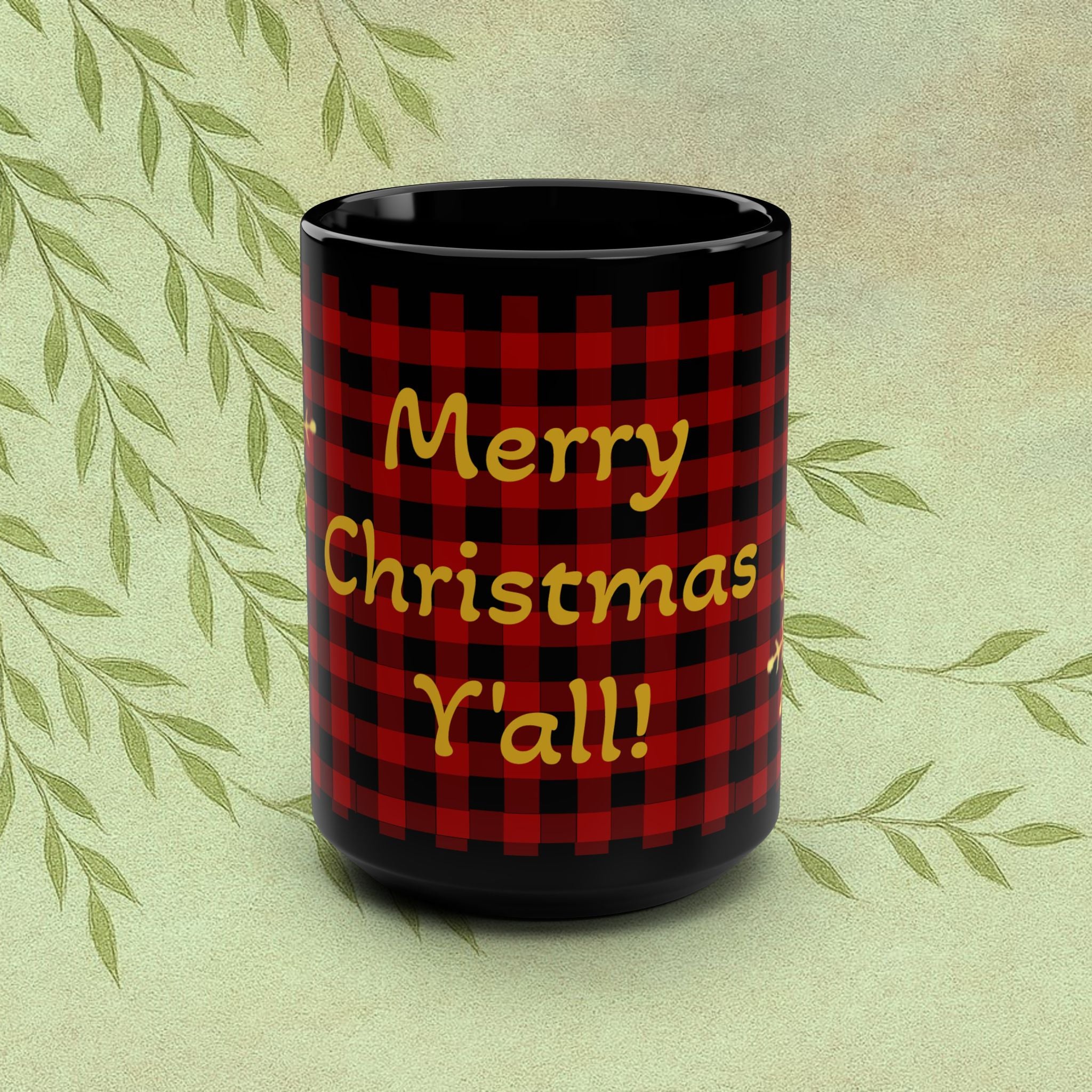 Merry Christmas Y'all 15oz Black Mug — Red Buffalo Plaid Holiday Coffee Cup
