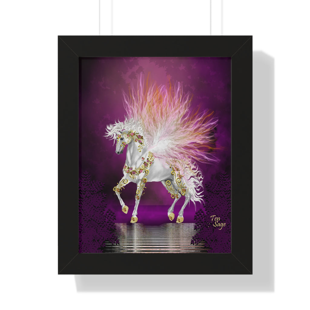 Framed Unicorn Art Print — Magical White Horse Poster with Pink Plumage