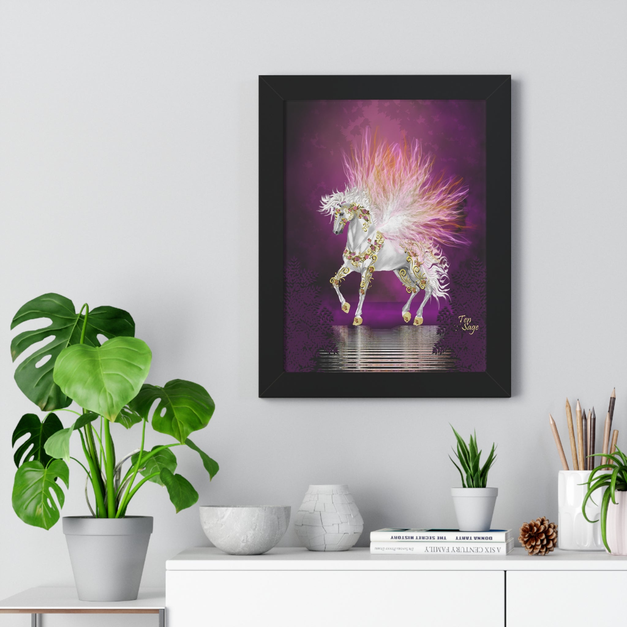 Framed Unicorn Art Print — Magical White Horse Poster with Pink Plumage
