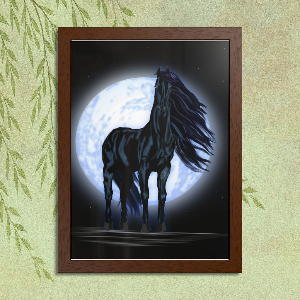 Moonlit Black Horse Framed Poster — Mystical Night Stallion Wall Art
