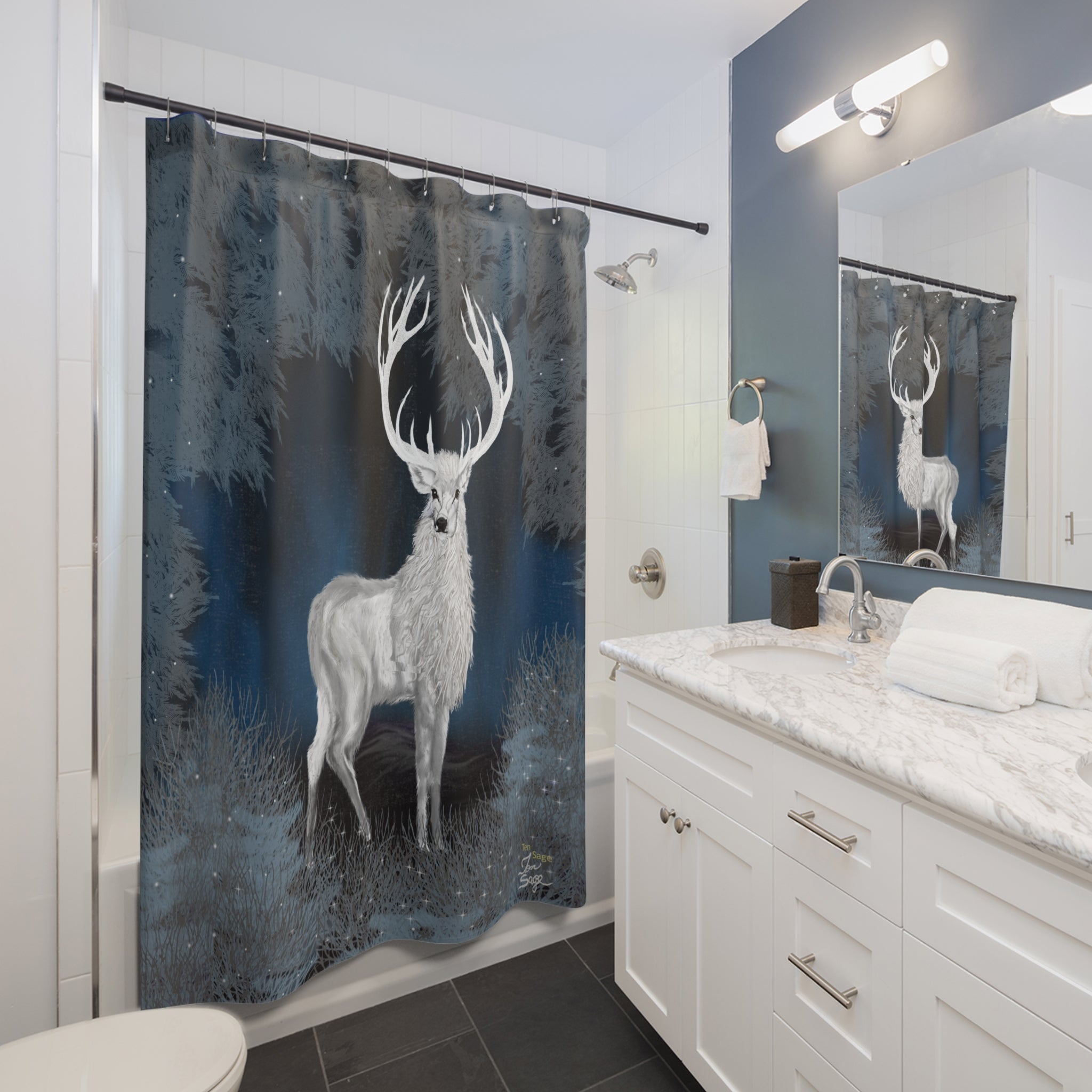 Mystical White Stag Shower Curtain – Winter Forest Bathroom Decor