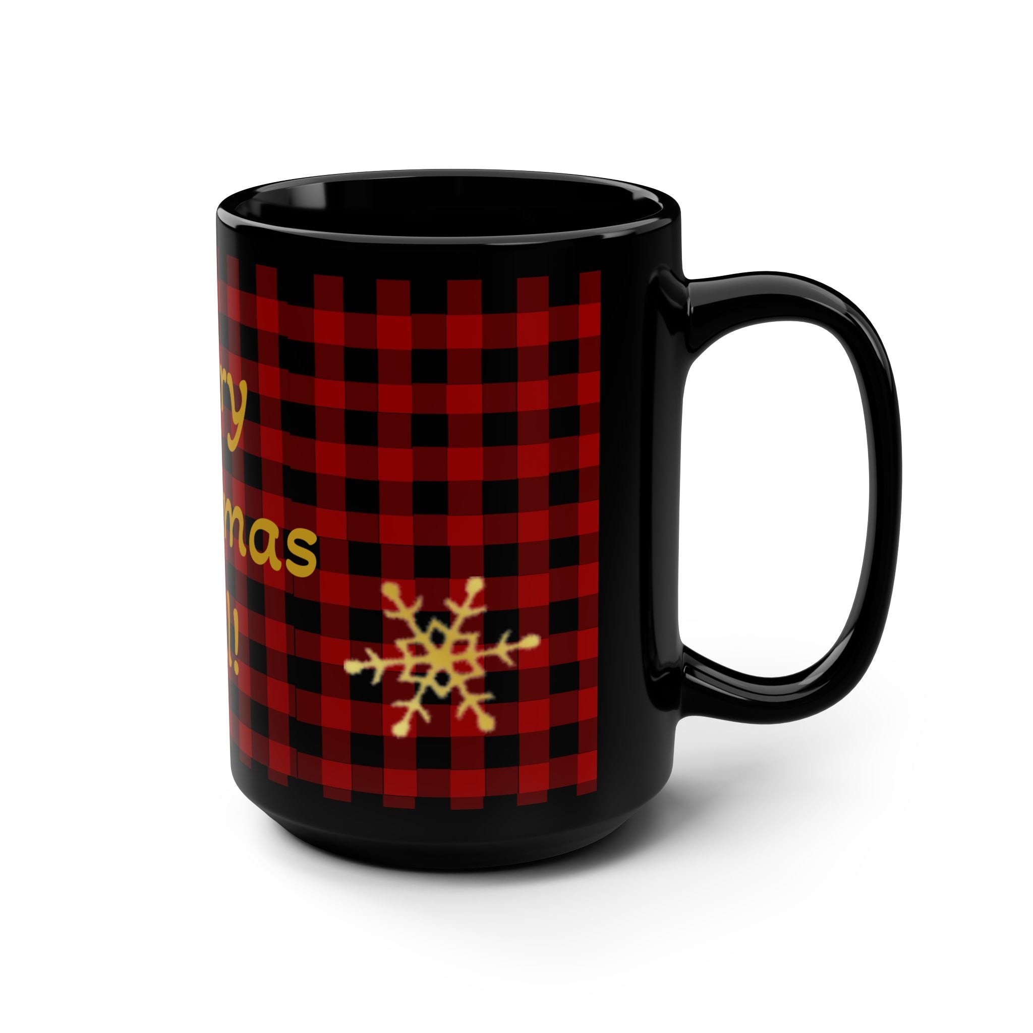 Merry Christmas Y'all 15oz Black Mug — Red Buffalo Plaid Holiday Coffee Cup