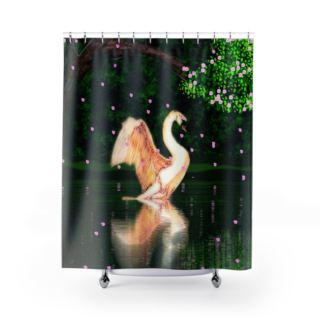 Swan Reflection Shower Curtain — Romantic Nature Bathroom Decor