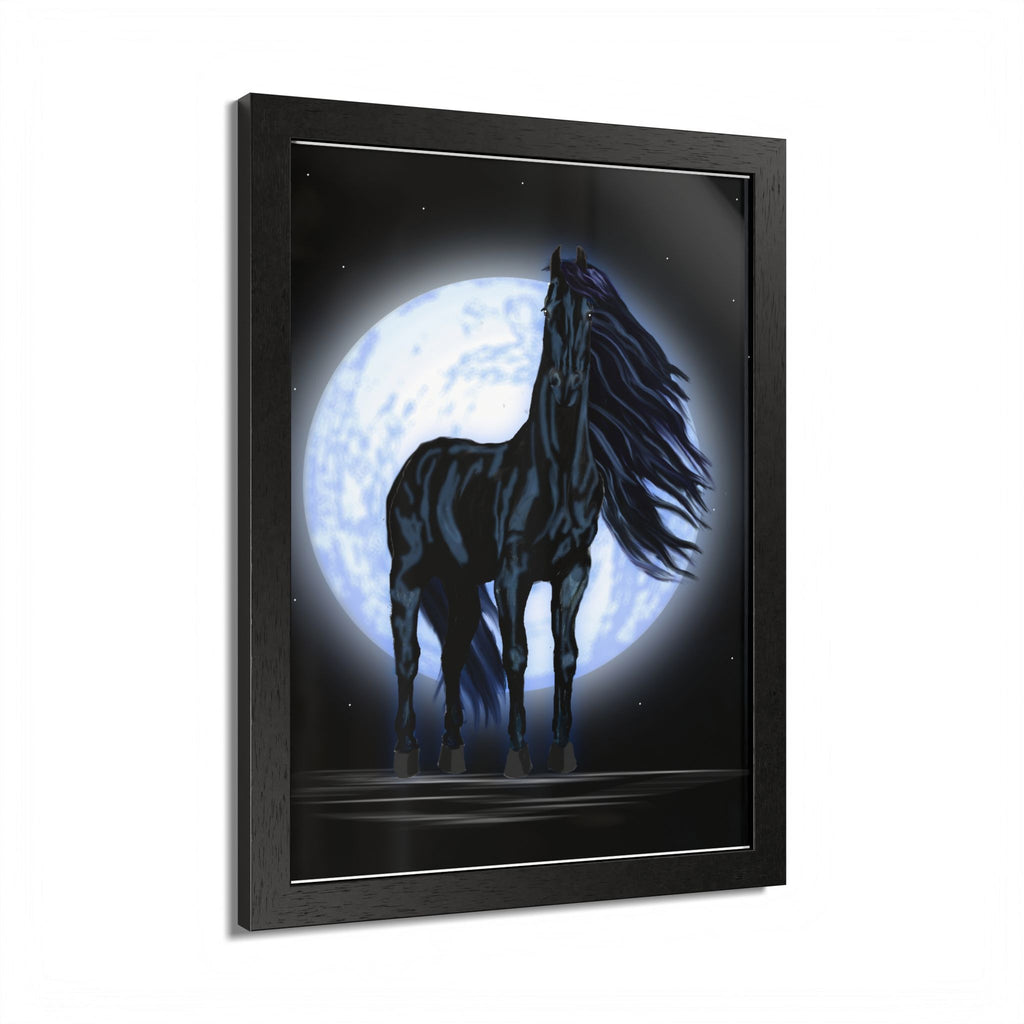 Moonlit Black Horse Framed Poster — Mystical Night Stallion Wall Art