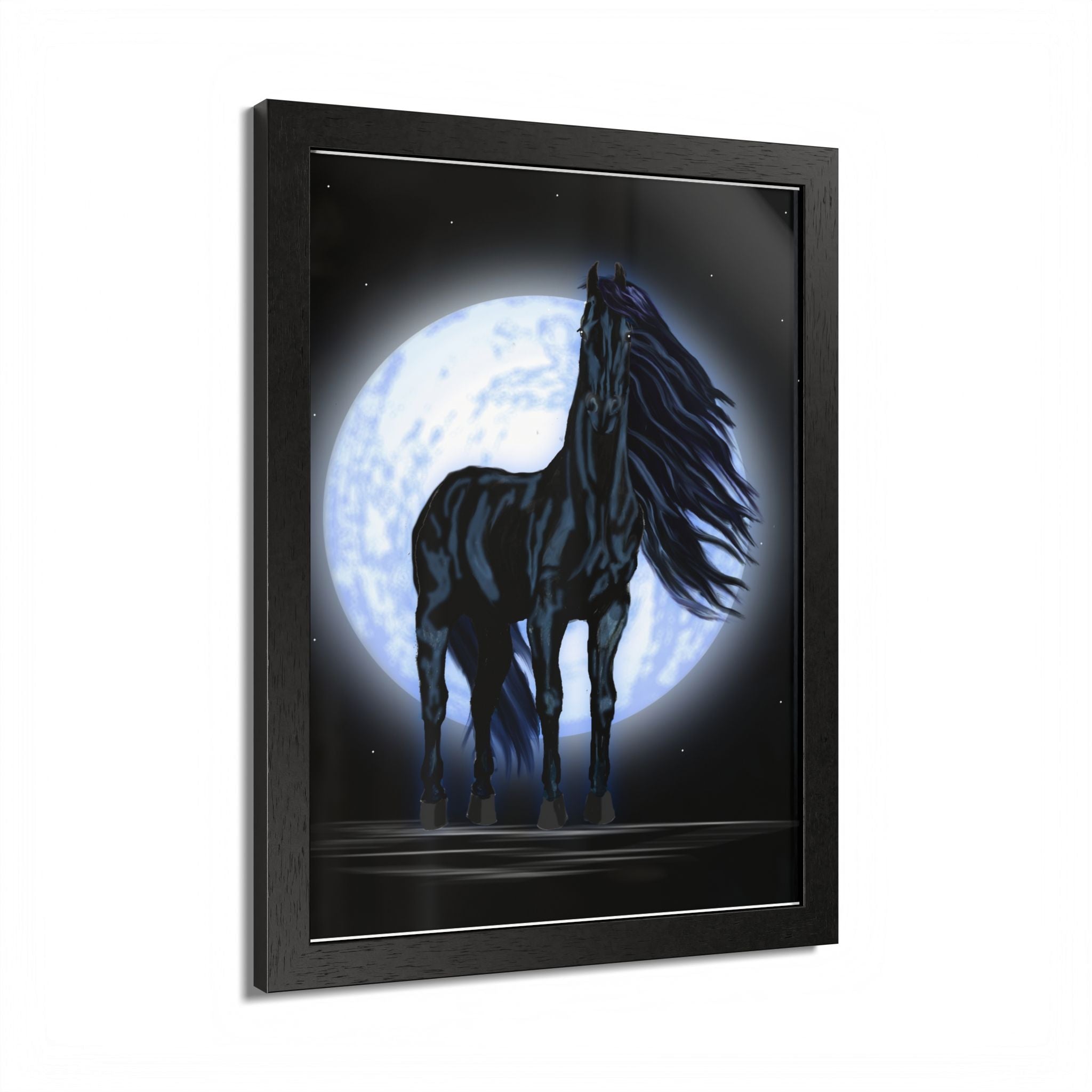 Moonlit Black Horse Framed Poster — Mystical Night Stallion Wall Art
