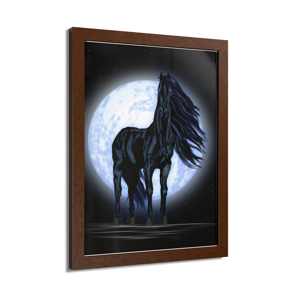Moonlit Black Horse Framed Poster — Mystical Night Stallion Wall Art