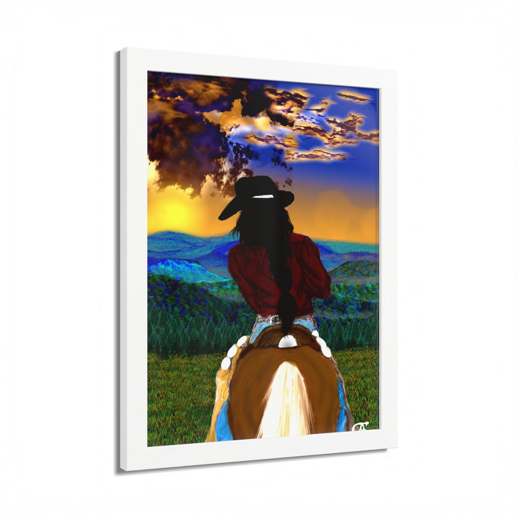 Cowgirl Riding At Sunset Framed Poster – Rider on Horseback Wall Art
