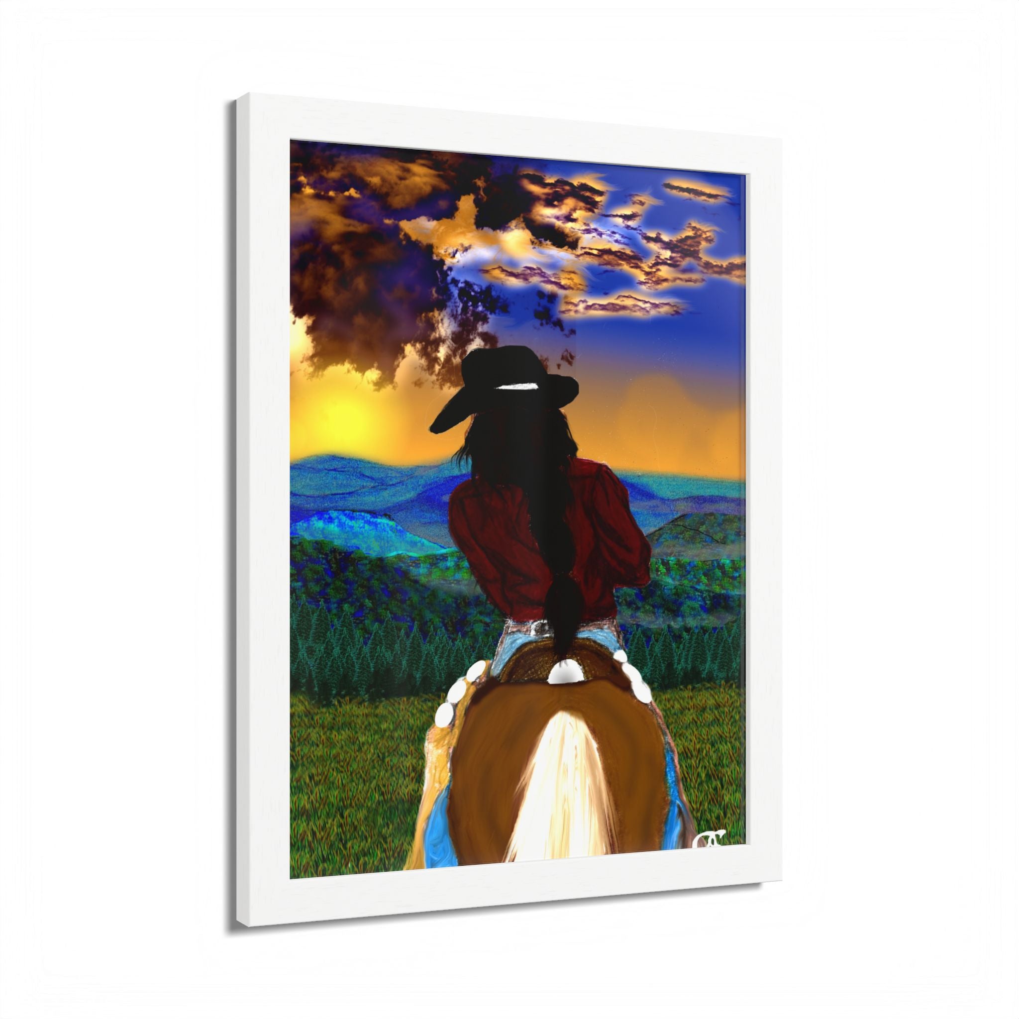Cowgirl Riding At Sunset Framed Poster – Rider on Horseback Wall Art