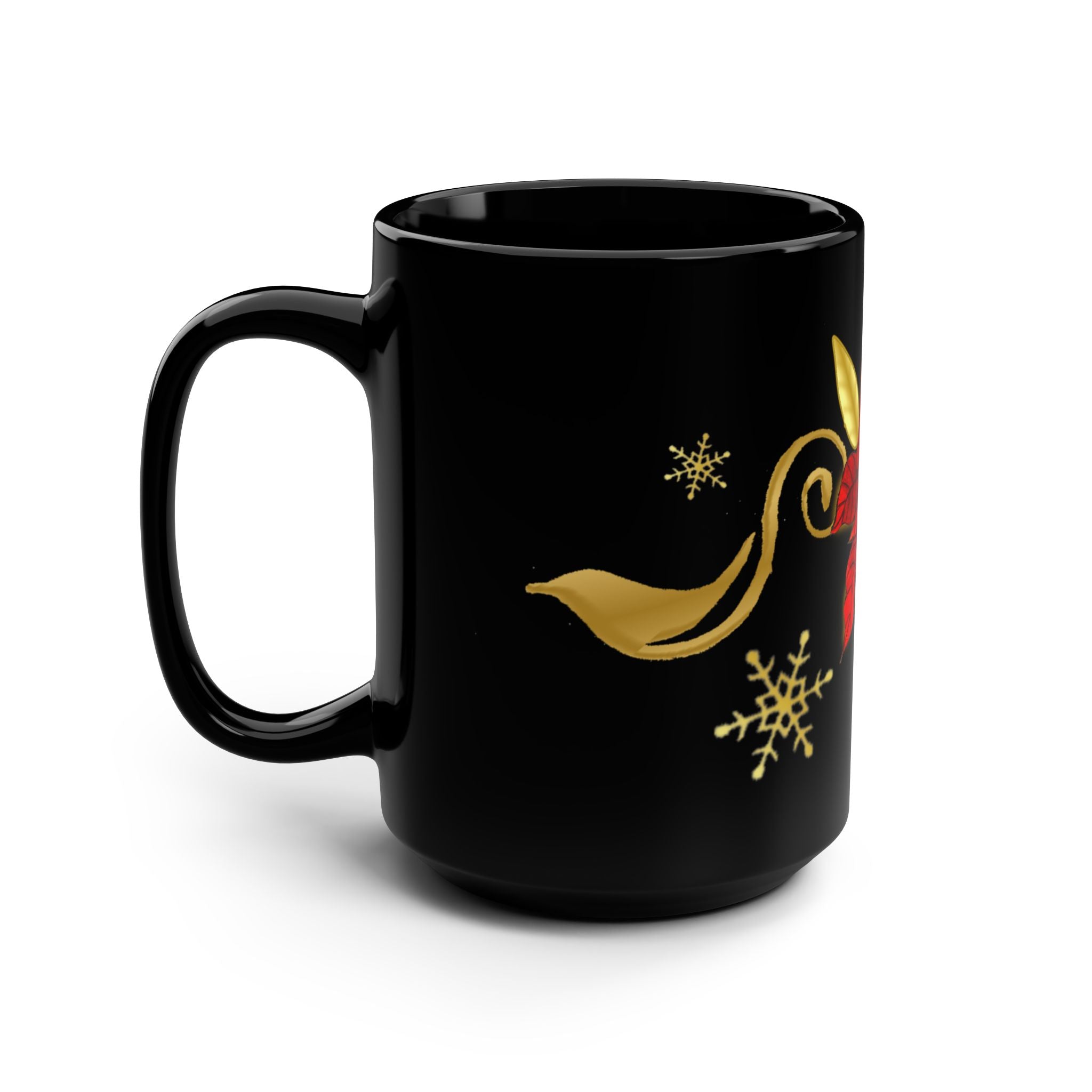 Poinsettia & Gold Snowflakes Black Coffee Mug — 15oz Holiday Tea Cup