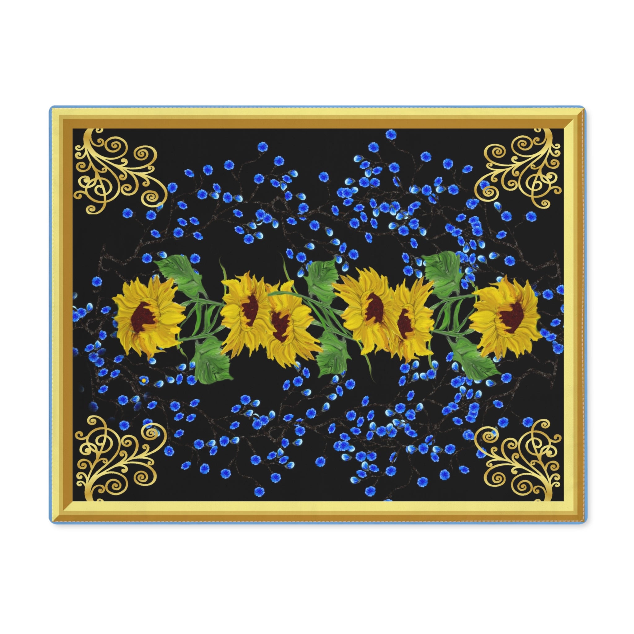 Sunflower & Forget Me Not Place mat — Decorative Table Mat with Gold Corner Accents