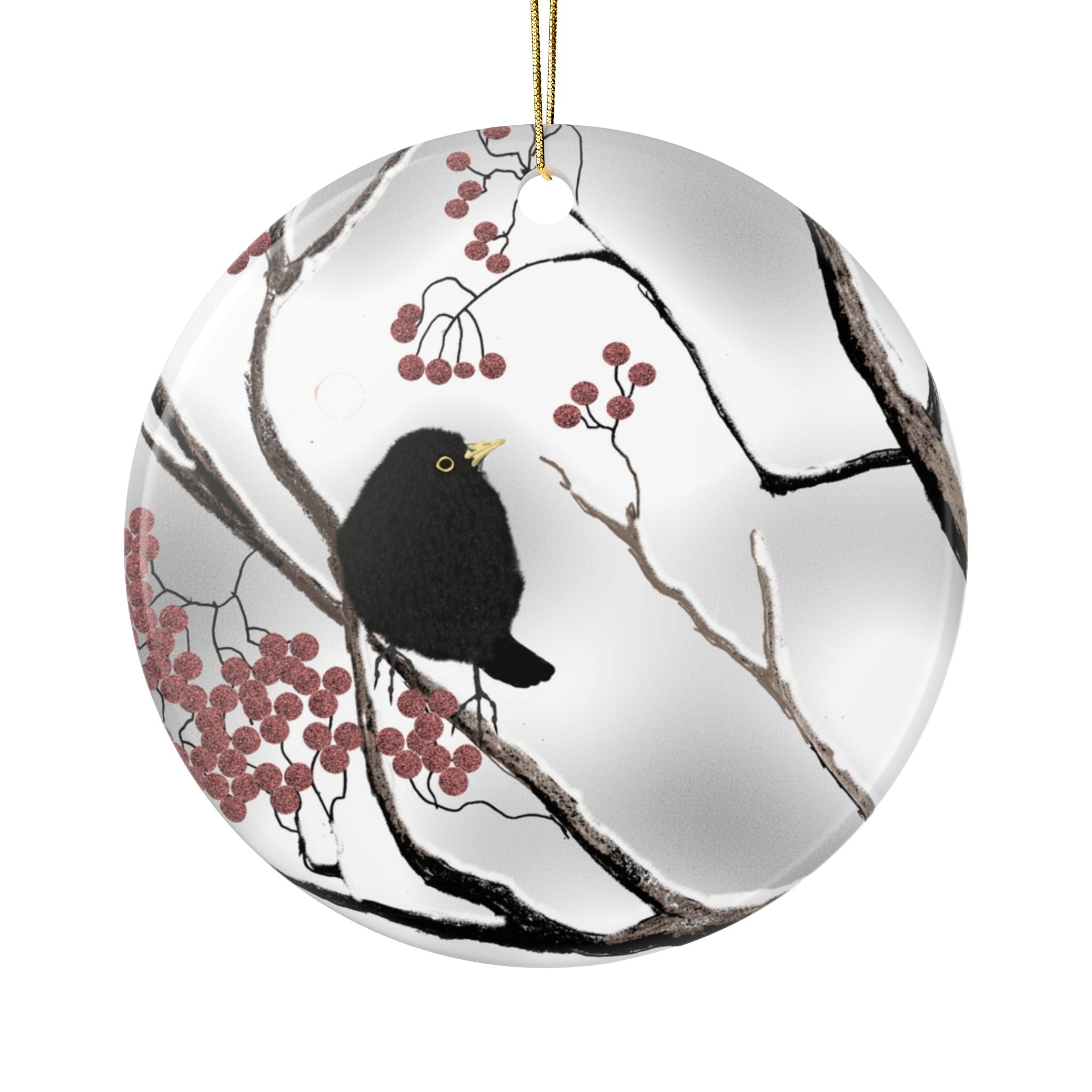 Blackbird & Berry Ceramic Ornament — Double-Sided Holiday Tree Decoration