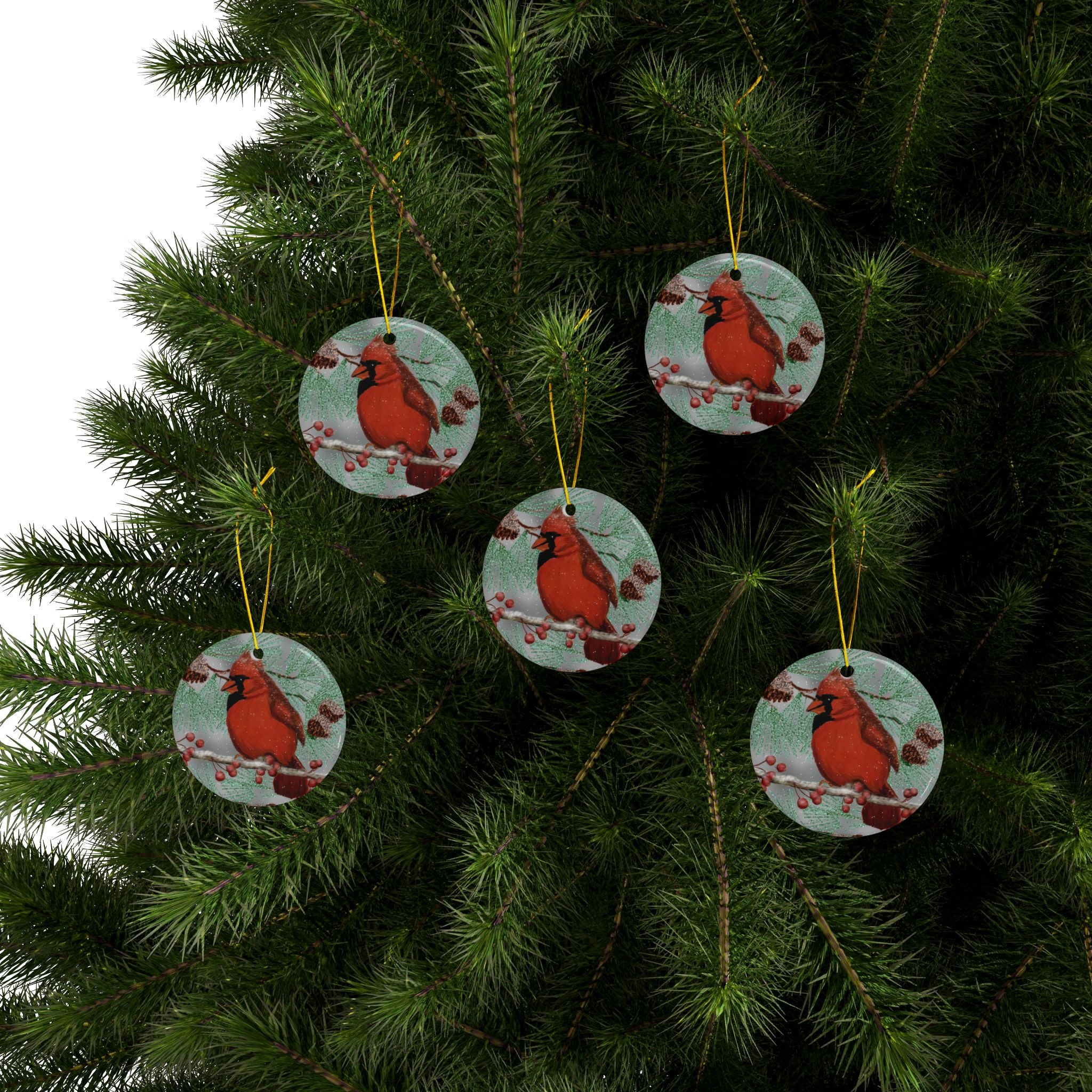 Cardinal Bird Ceramic Ornament — Red Cardinal Holiday Tree Decoration