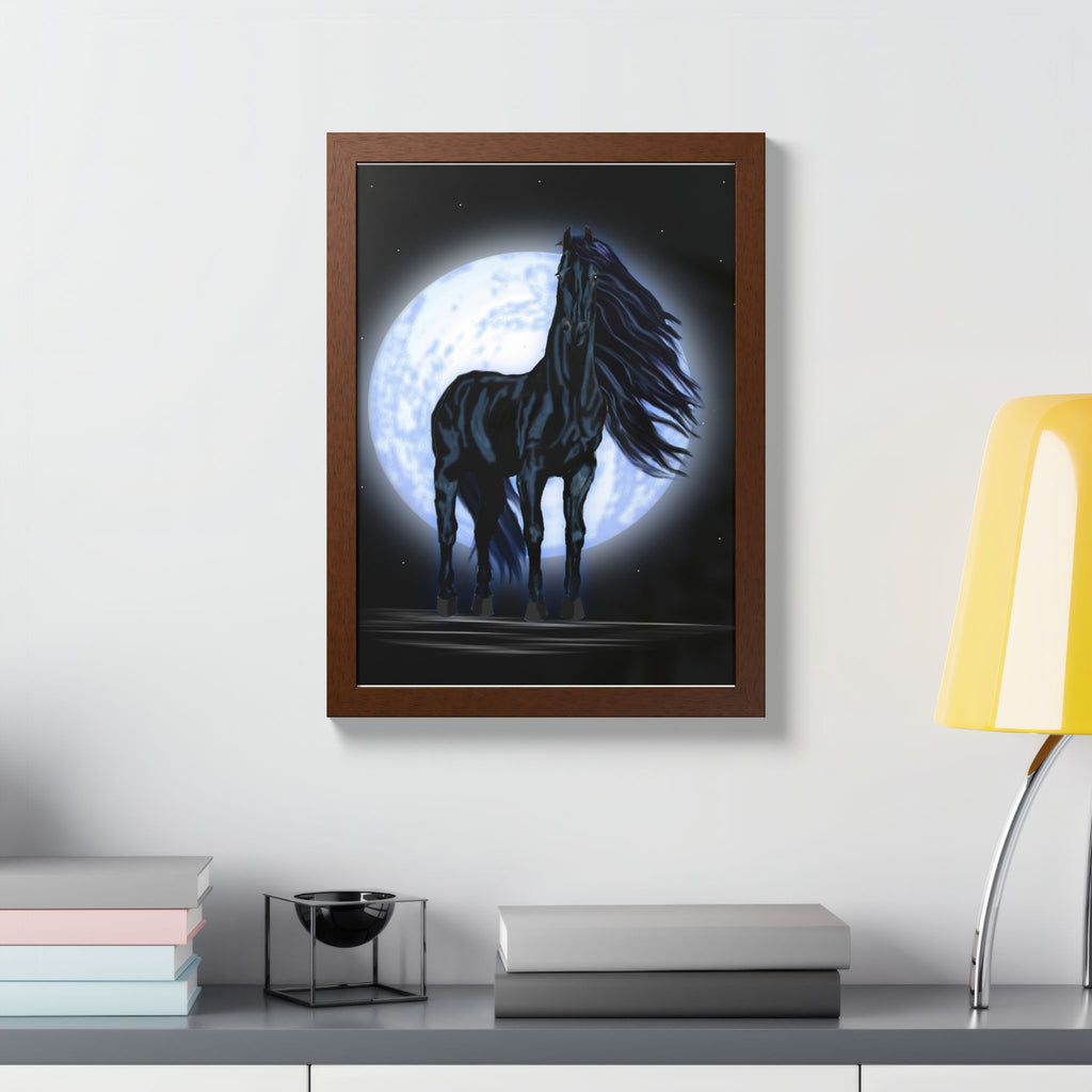 Moonlit Black Horse Framed Poster — Mystical Night Stallion Wall Art