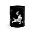Holiday Reindeer Coffee Mug — Black 11oz with Snowflakes