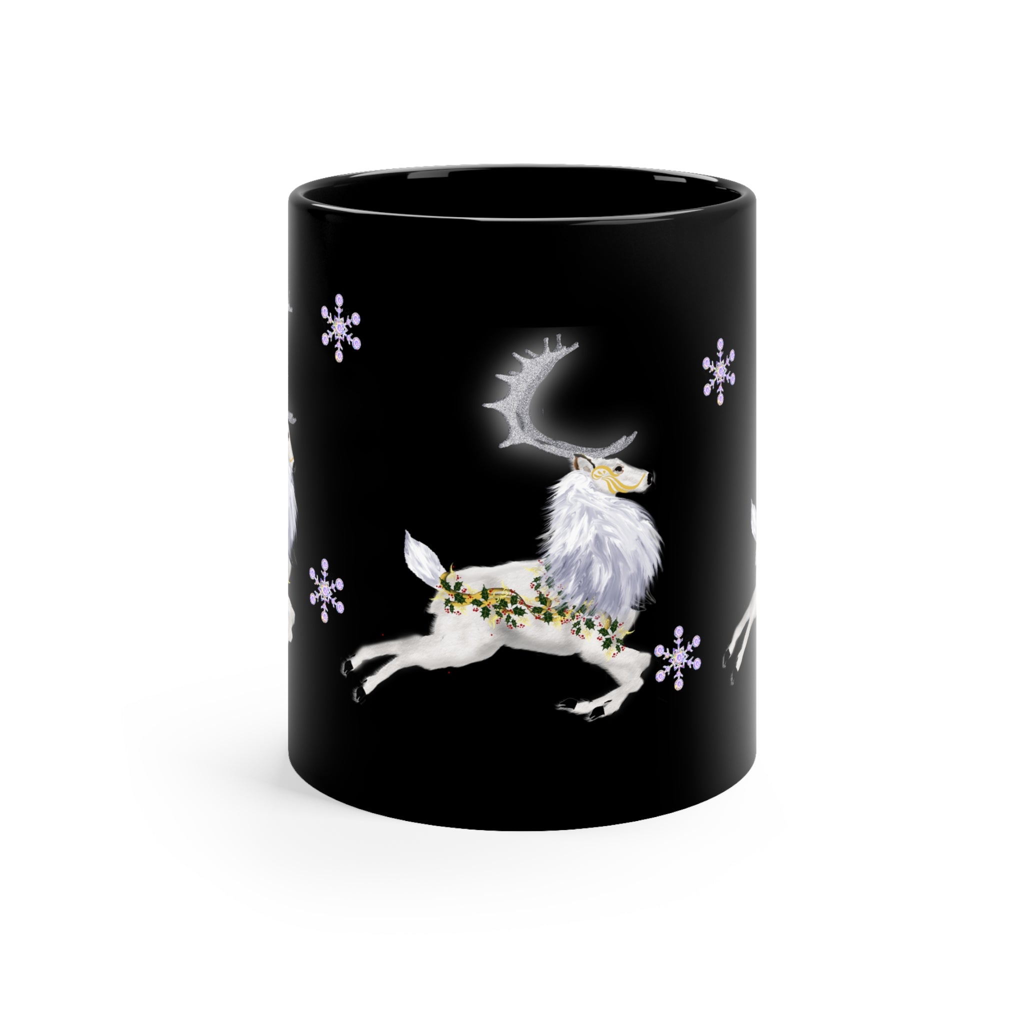 Holiday Reindeer Coffee Mug — Black 11oz with Snowflakes