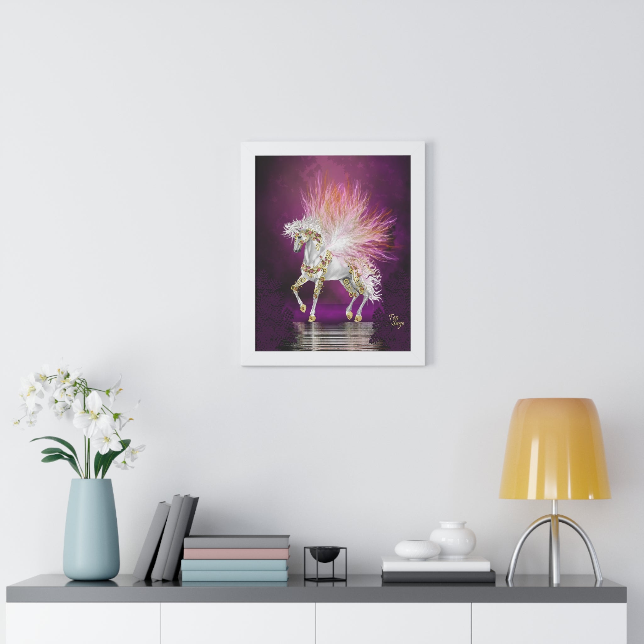 Framed Unicorn Art Print — Magical White Horse Poster with Pink Plumage