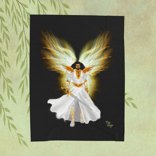 Angel Warrior Velveteen Plush Blanket — Golden Guardian with Sword