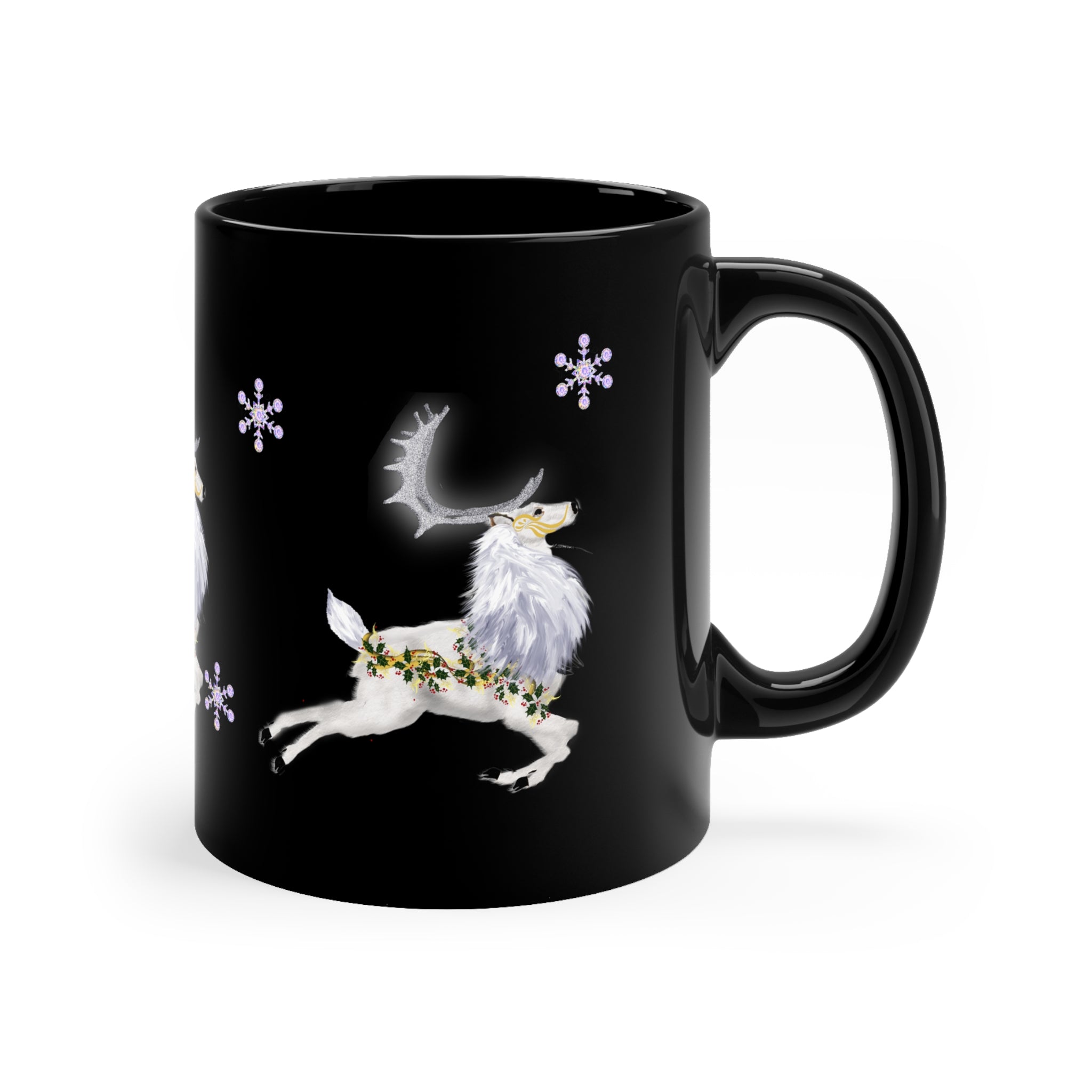 Holiday Reindeer Coffee Mug — Black 11oz with Snowflakes