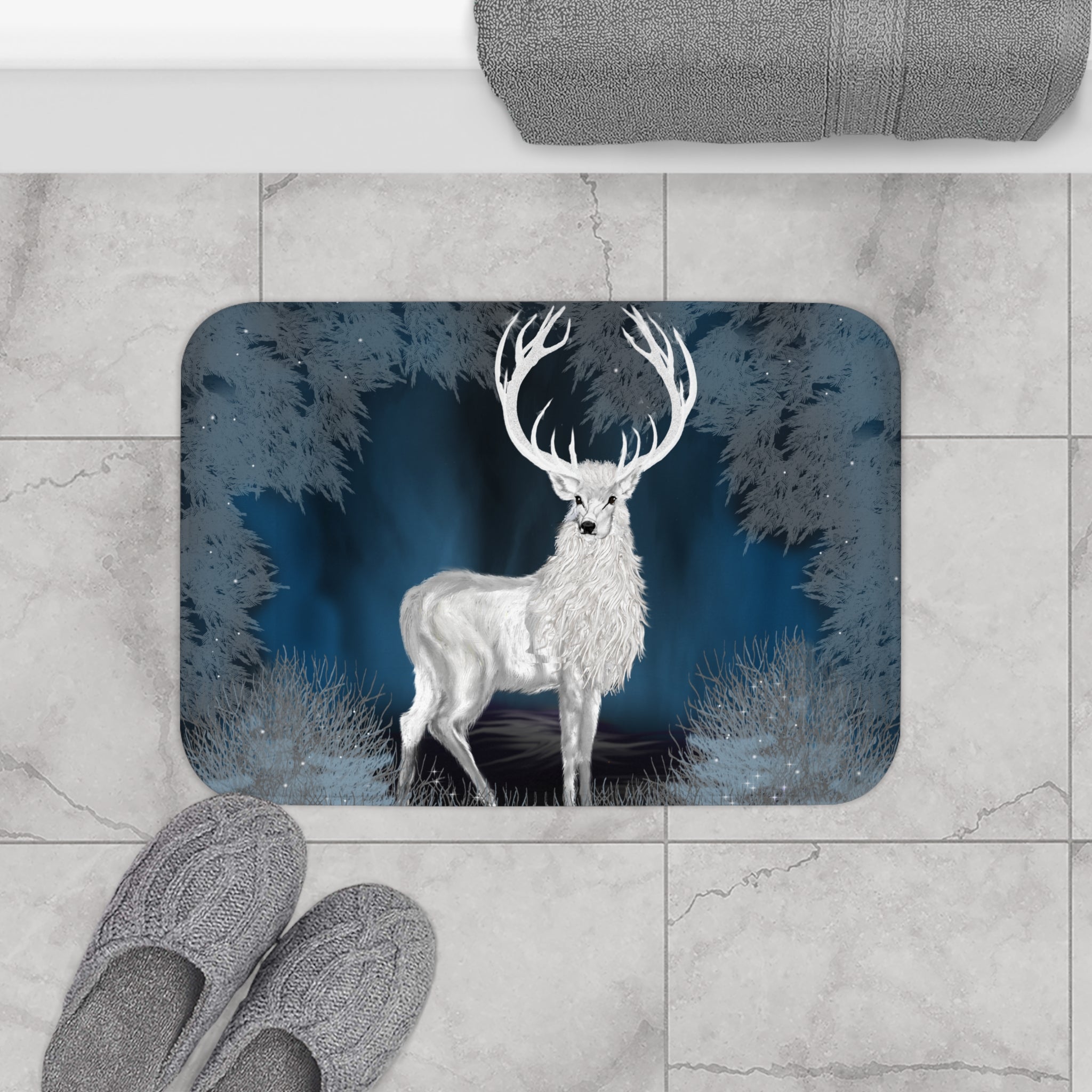 White Stag Bath Mat — Mystical Forest Deer Bathroom Rug