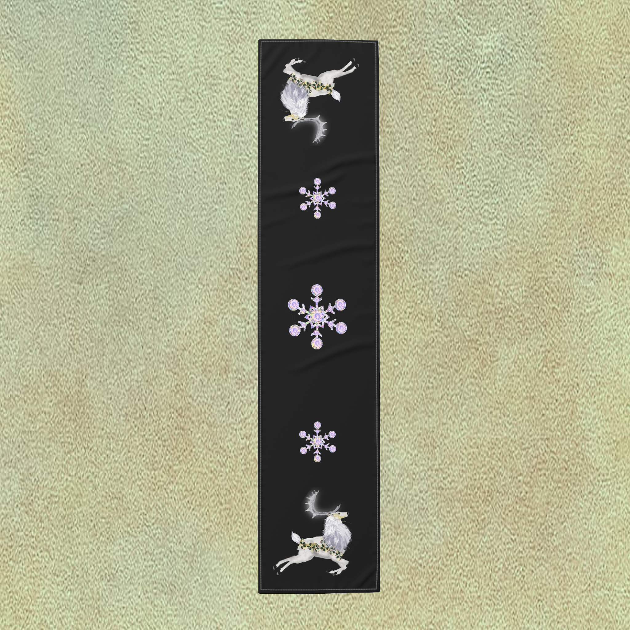 Black Table Runner with White Reindeer & Snowflakes – Holiday Dining Decor