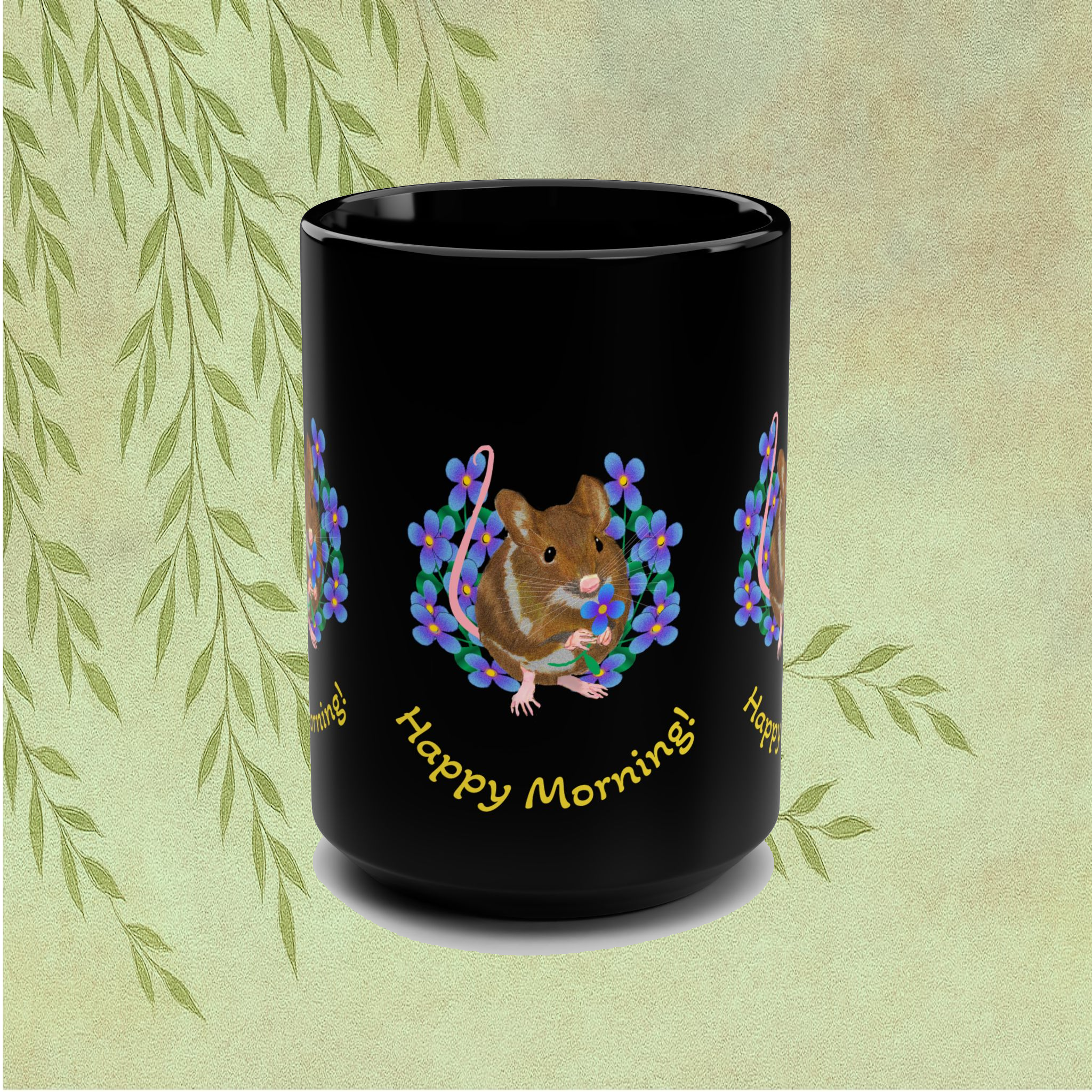Happy Morning Mug — Cute Mouse with Flowers 15oz Black Coffee Cup