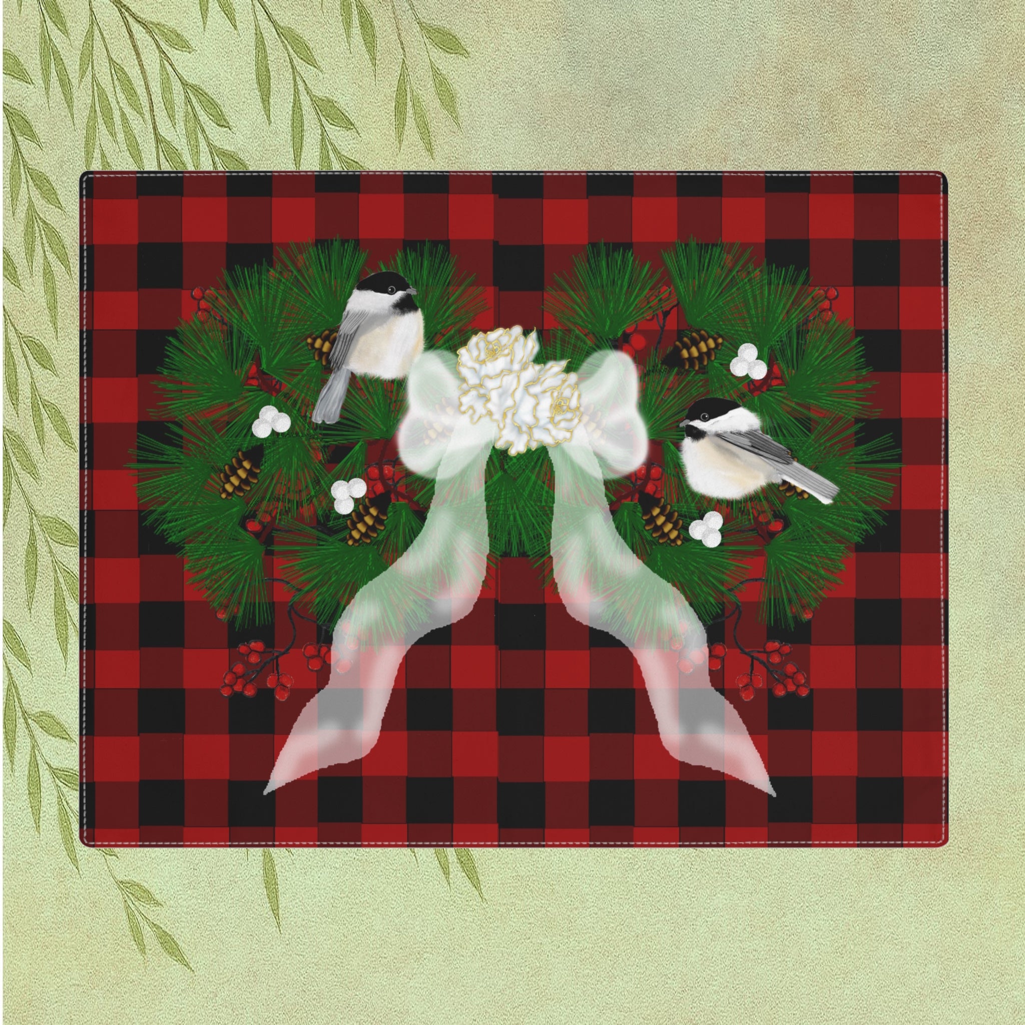 Buffalo Plaid Christmas Placemat with Wreath, White Bow & Chickadees