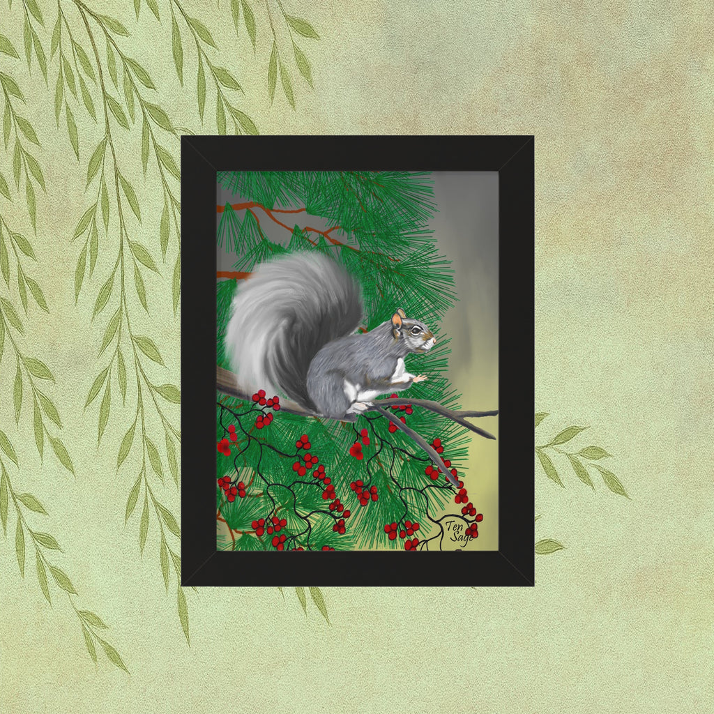Framed Poster — Gray Squirrel & Holly Winter Art Print