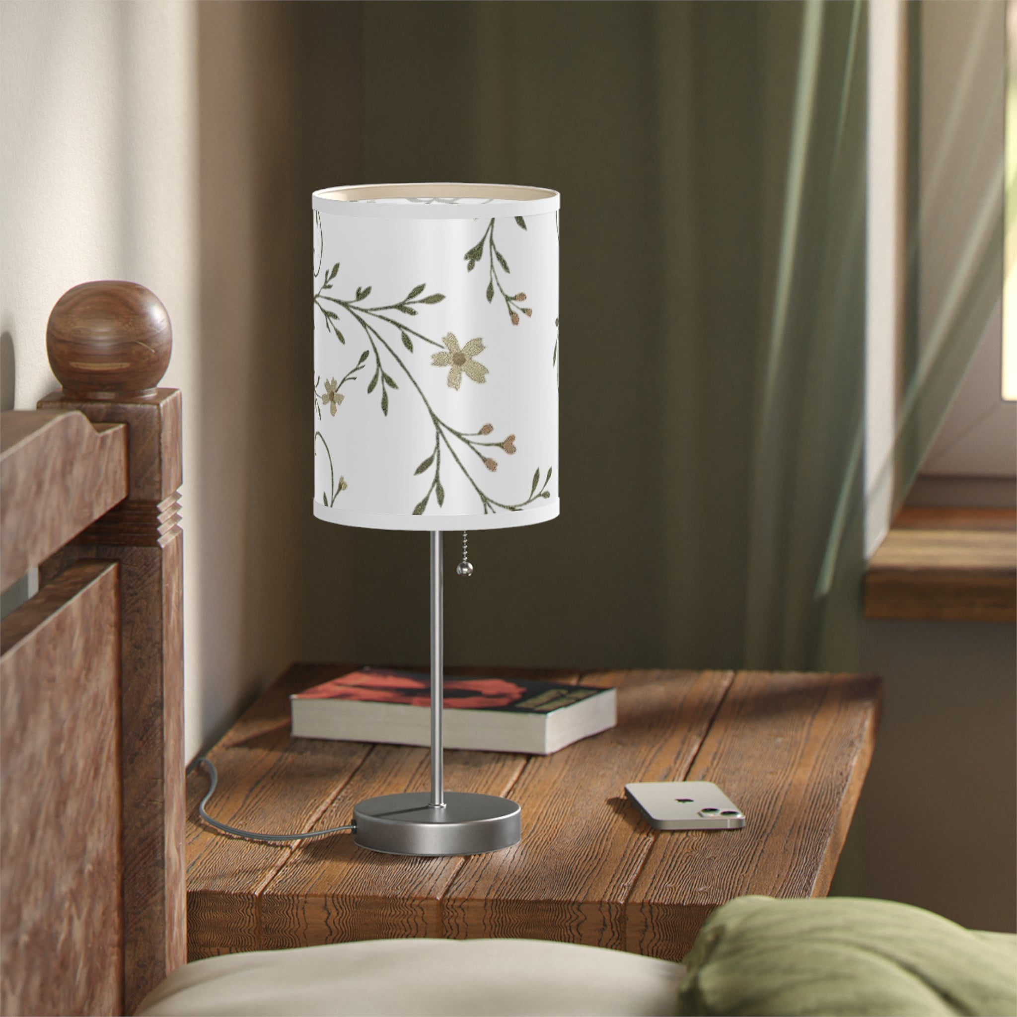 Floral Night Table Lamp – Black Botanical Print Lamp with Silver Stand (US/CA Plug)