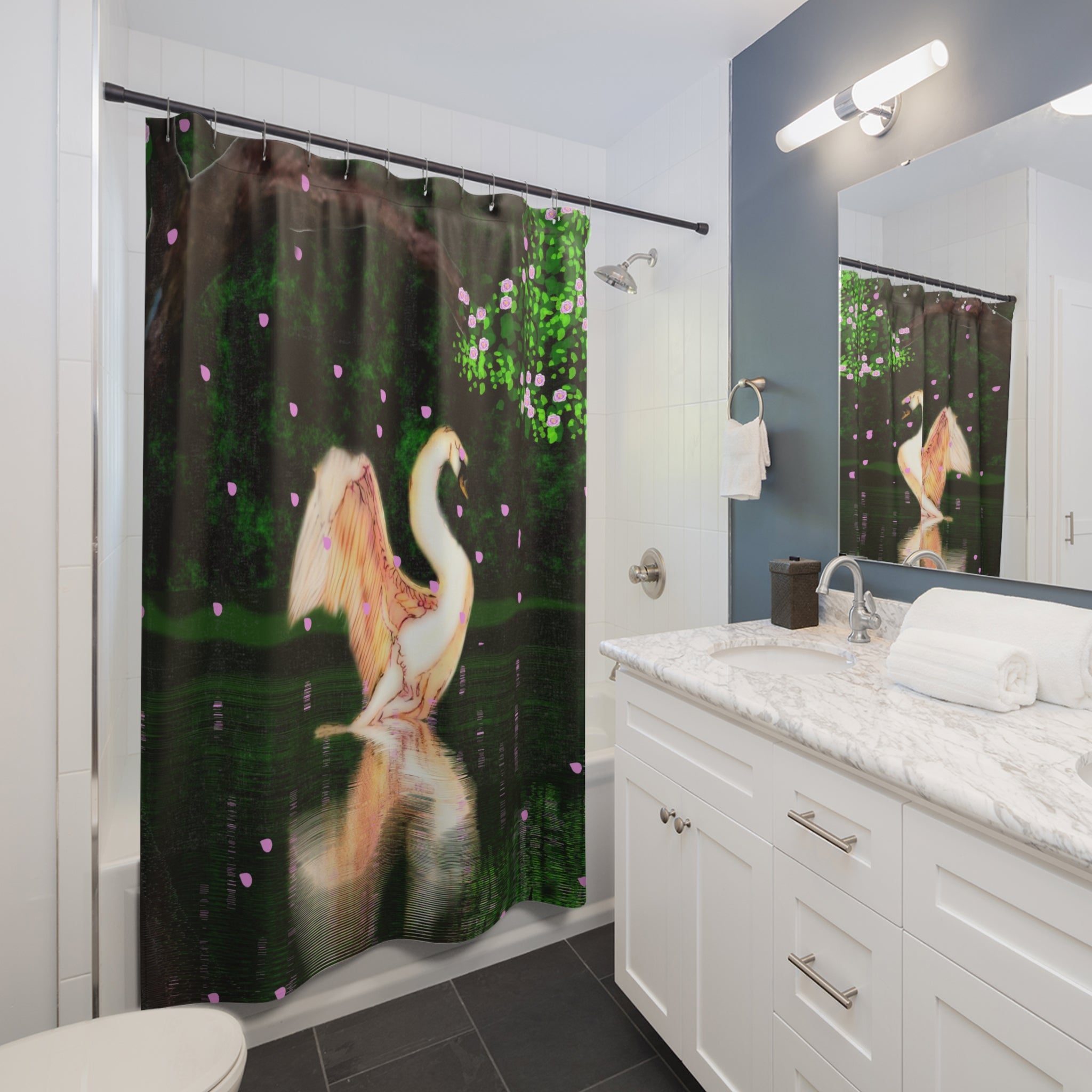 Swan Reflection Shower Curtain — Romantic Nature Bathroom Decor