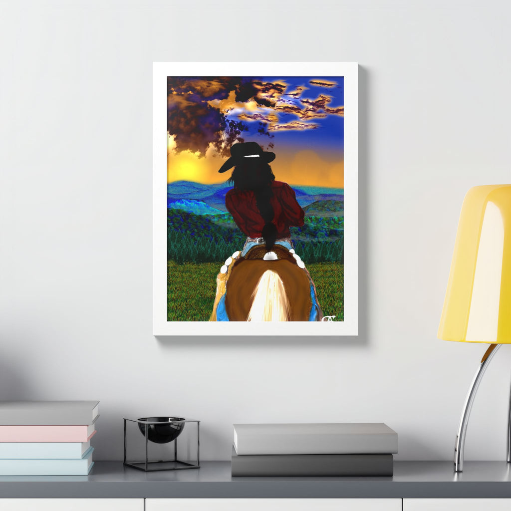 Cowgirl Riding At Sunset Framed Poster – Rider on Horseback Wall Art