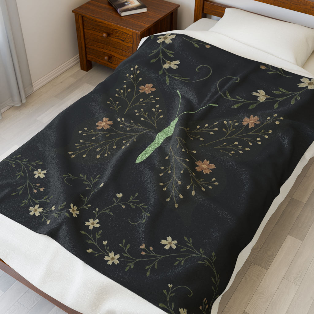 Botanical Butterfly Velveteen Plush Blanket – Floral Night Garden Throw
