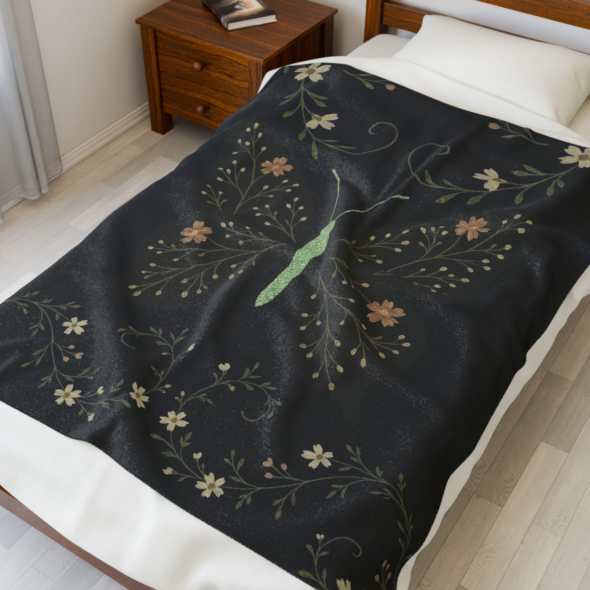Botanical Butterfly Velveteen Plush Blanket – Floral Night Garden Throw