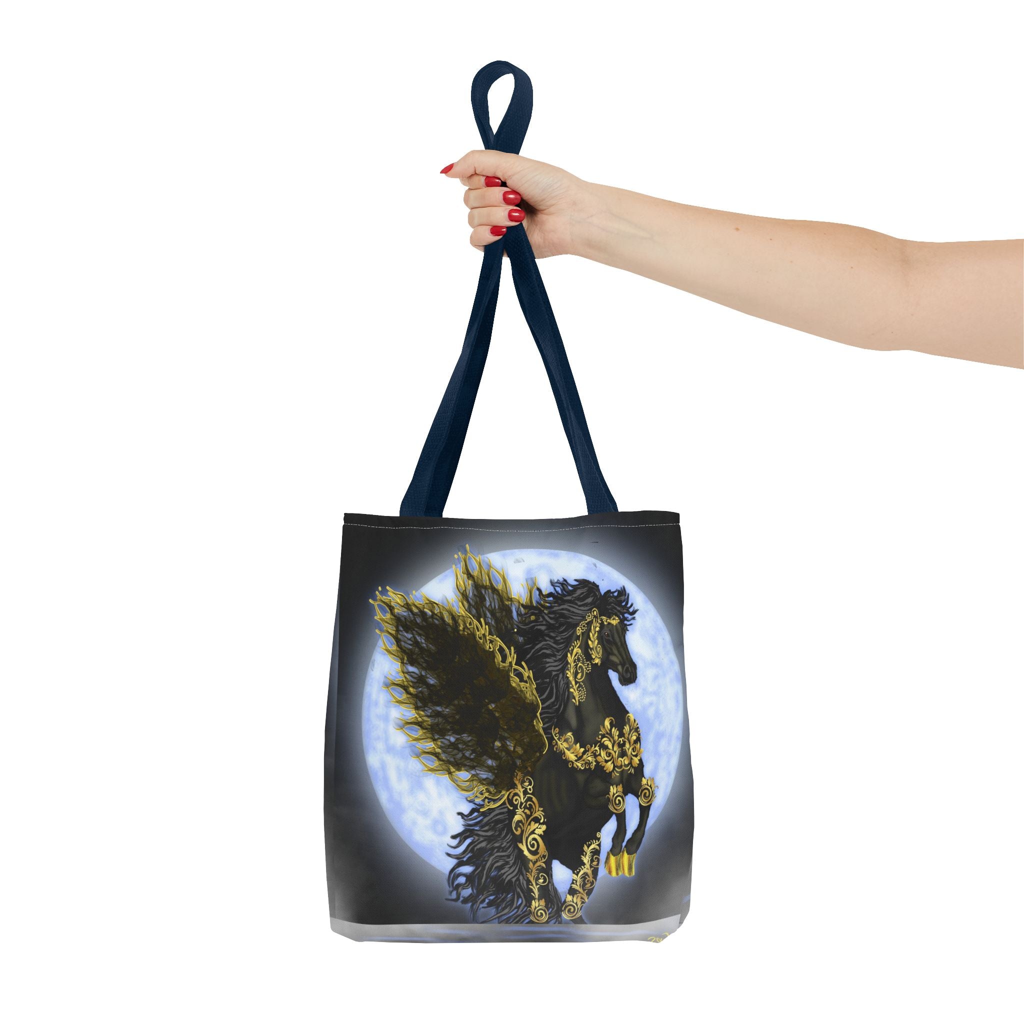 Moonlit Golden Pegasus Tote Bag — Black Winged Horse Art Tote