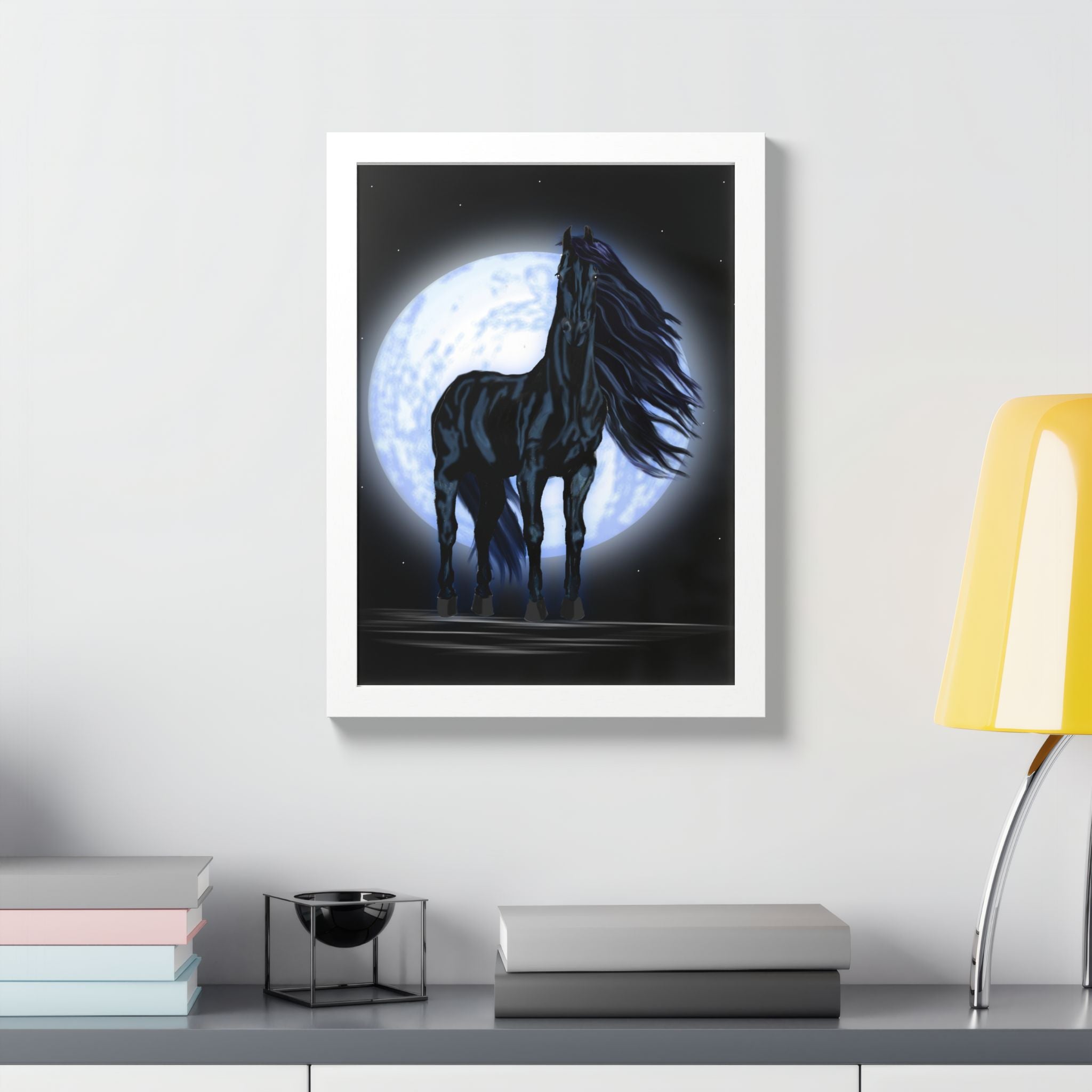 Moonlit Black Horse Framed Poster — Mystical Night Stallion Wall Art