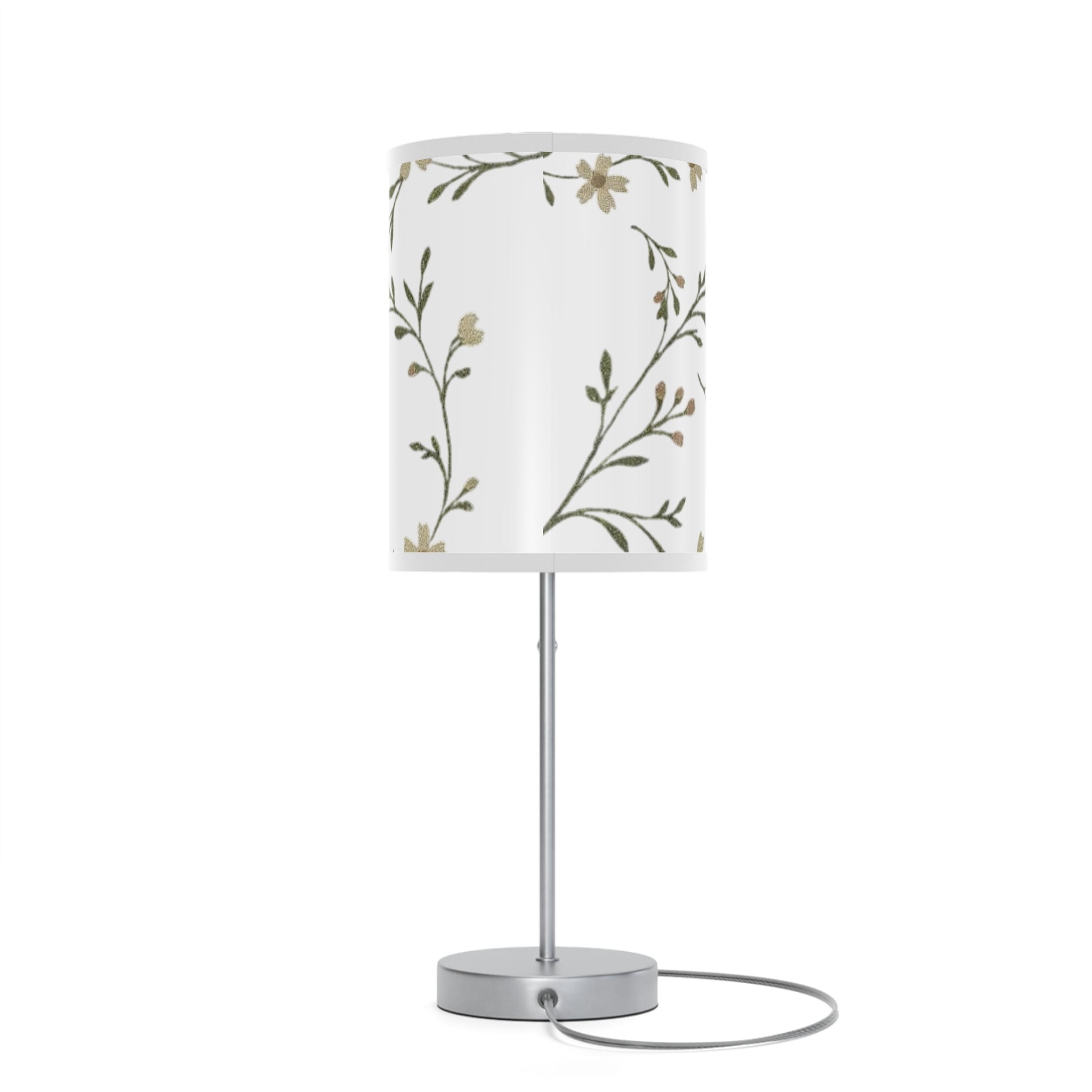 Floral Night Table Lamp – Black Botanical Print Lamp with Silver Stand (US/CA Plug)