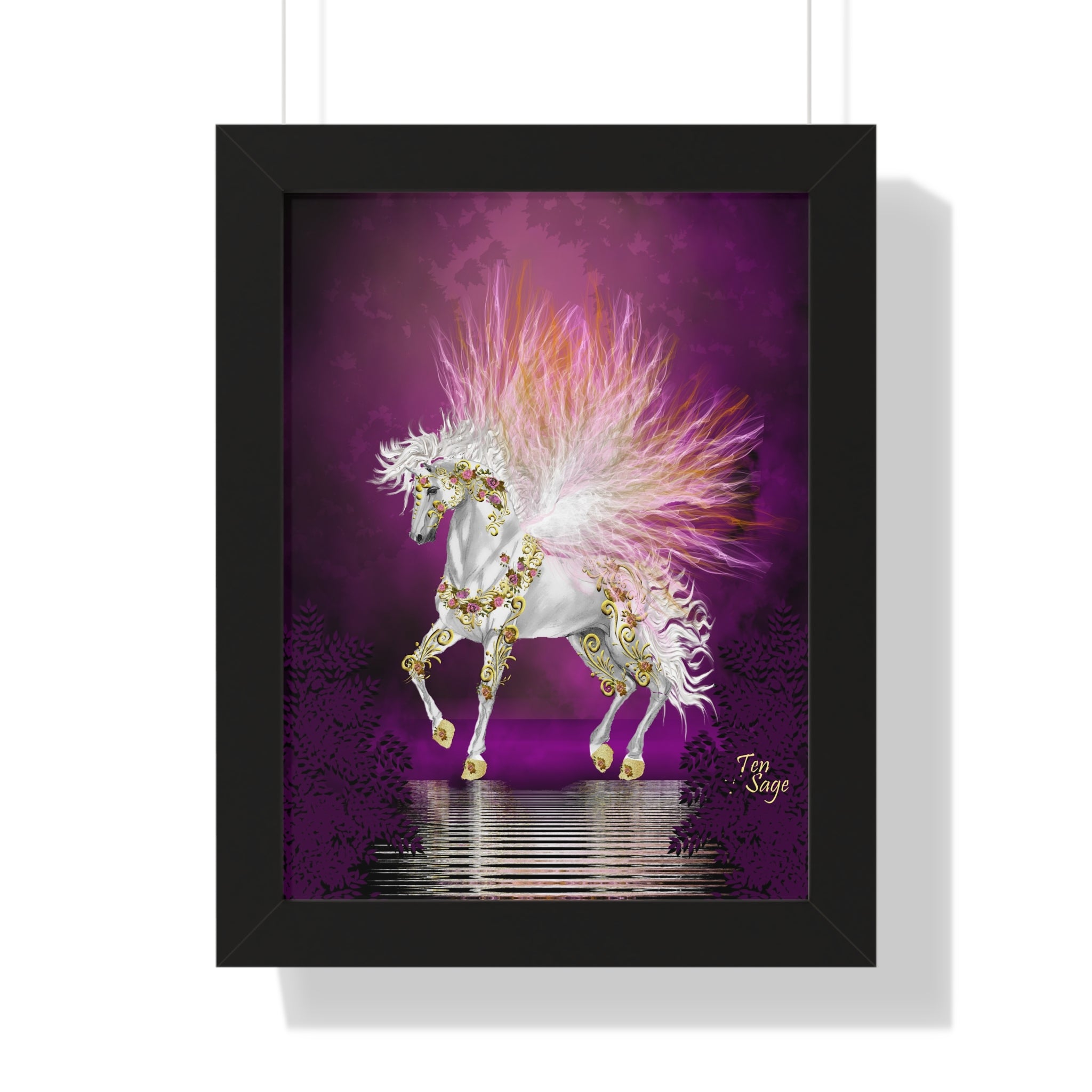 Framed Unicorn Art Print — Magical White Horse Poster with Pink Plumage