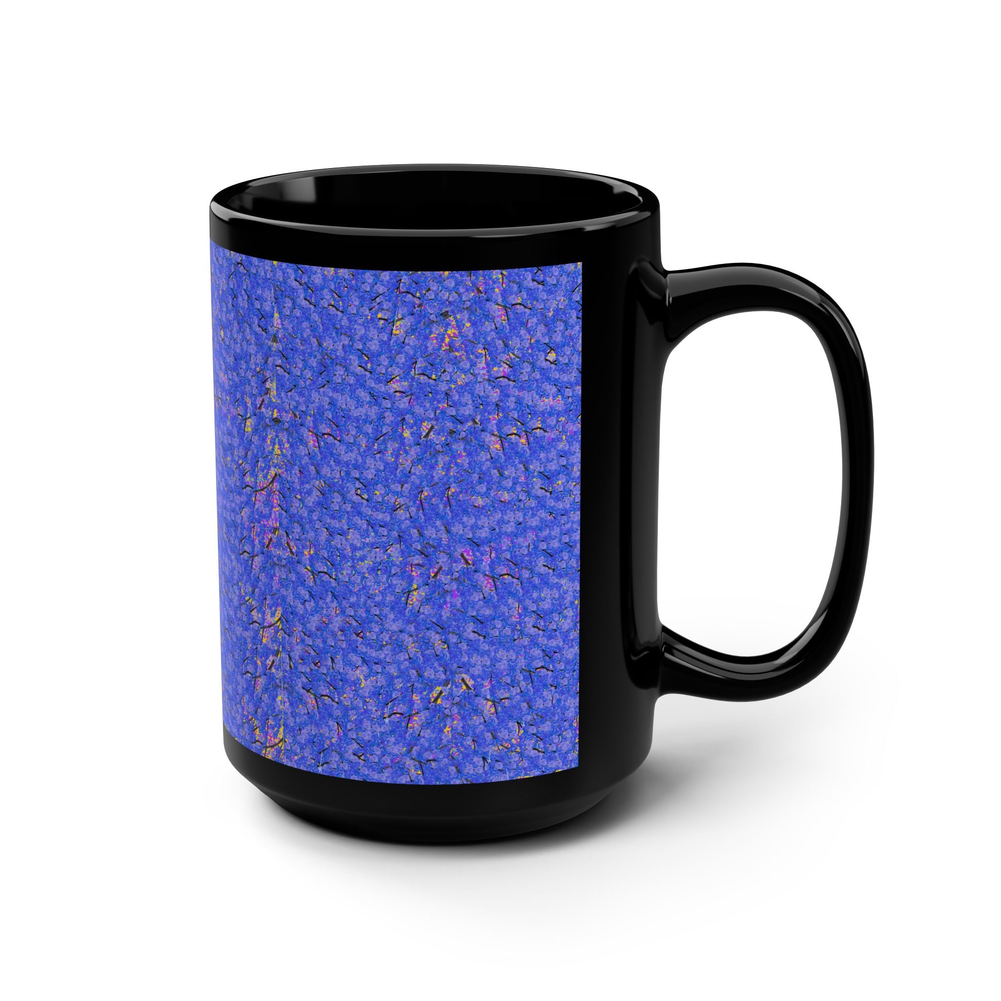 15oz Black Mug — Blue Confetti Abstract Ceramic Coffee Cup