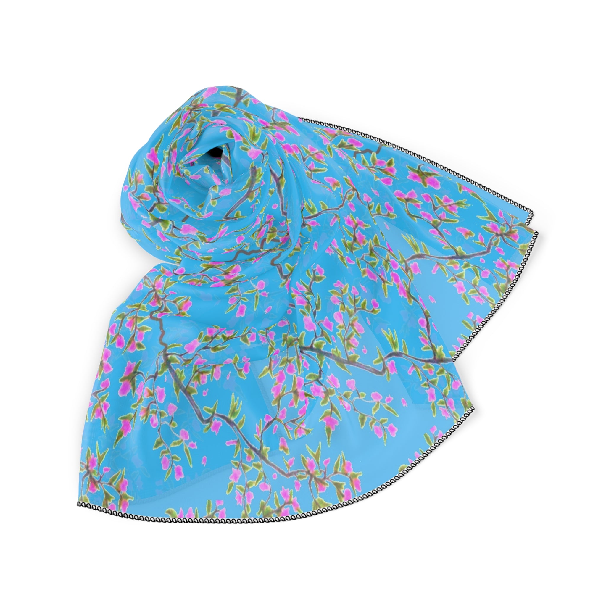 Blossom Breeze Scarf — Blue Cherry Blossom Floral Poly Scarf